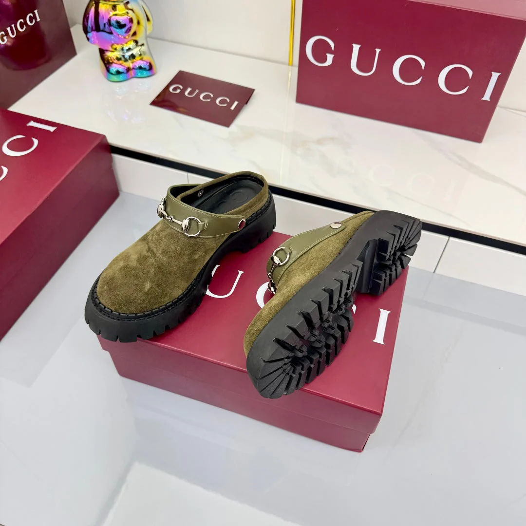 GG PLATFORM MULES 25S IN MOSS GREEN SUEDE