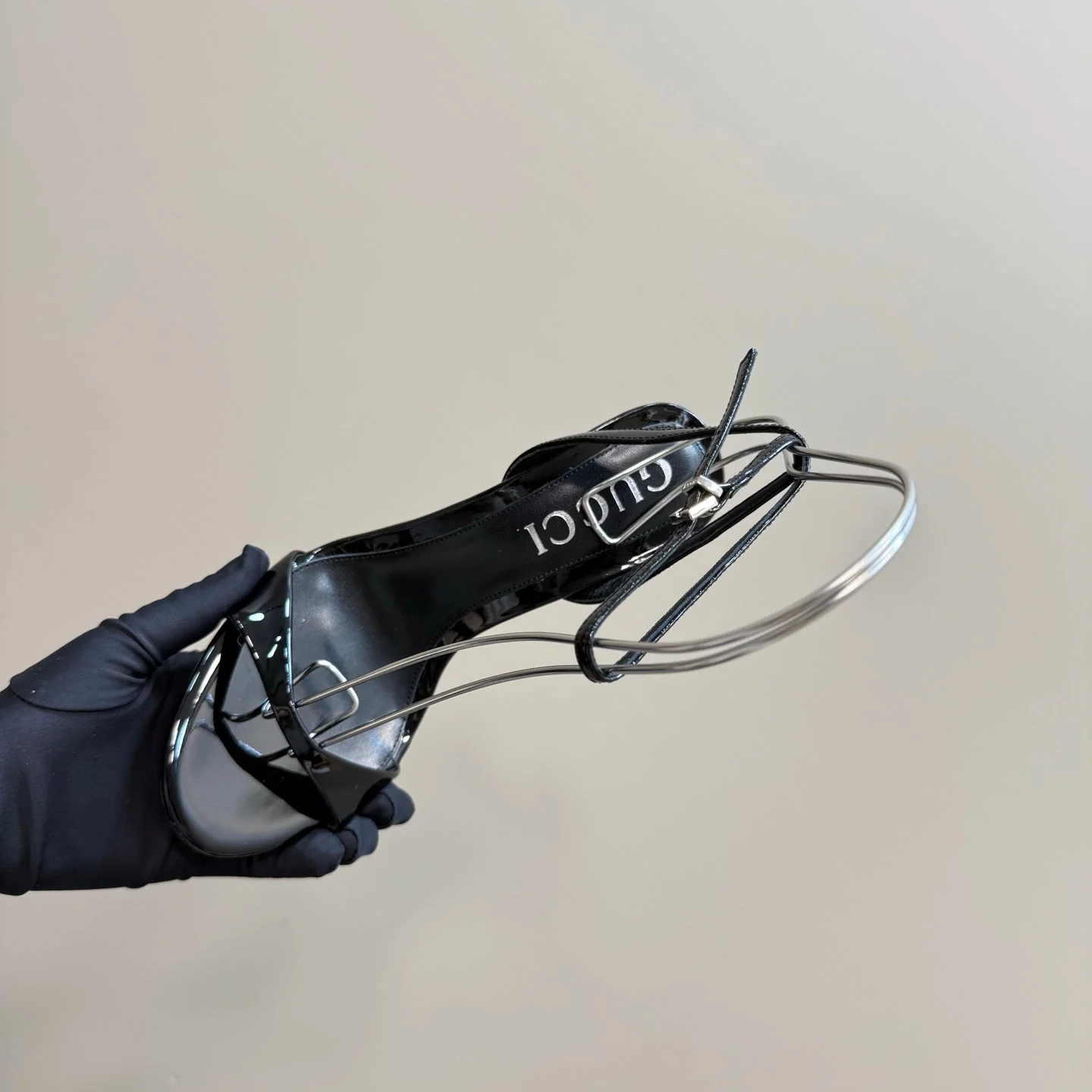 STRAP HIGH BAMBOO-EFFECT HEEL SANDAL IN BLACK PATENT CALFSKIN