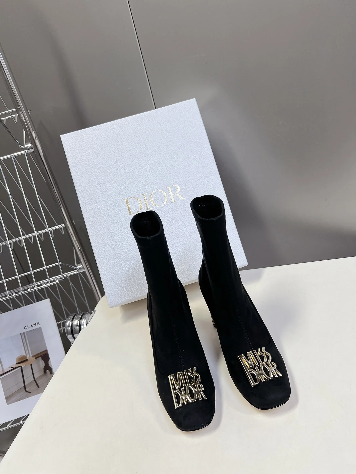 ICON HEELED ANKLE BOOT BLACK SUEDE 8 CM WITH GOLD LOGO