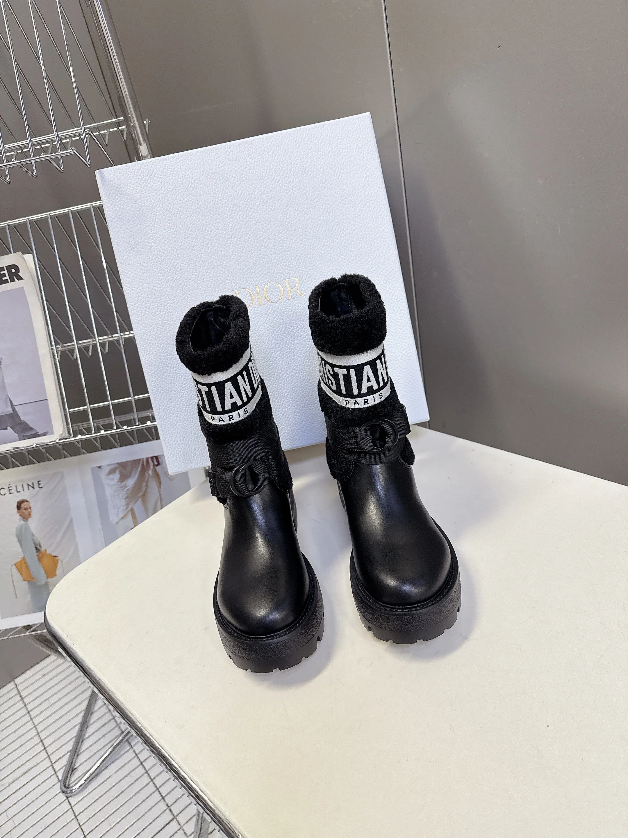 DIOR 25S D-MAJOR ANKLE BOOTS IN BLACK LAMBSKIN AND WOOL