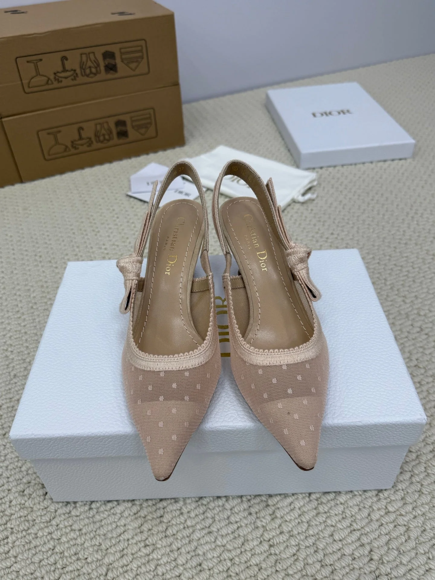 DIOR HIGH SLINGBACK 65 MM 25S IN NUDE LACE NET FABRIC AND SUEDE