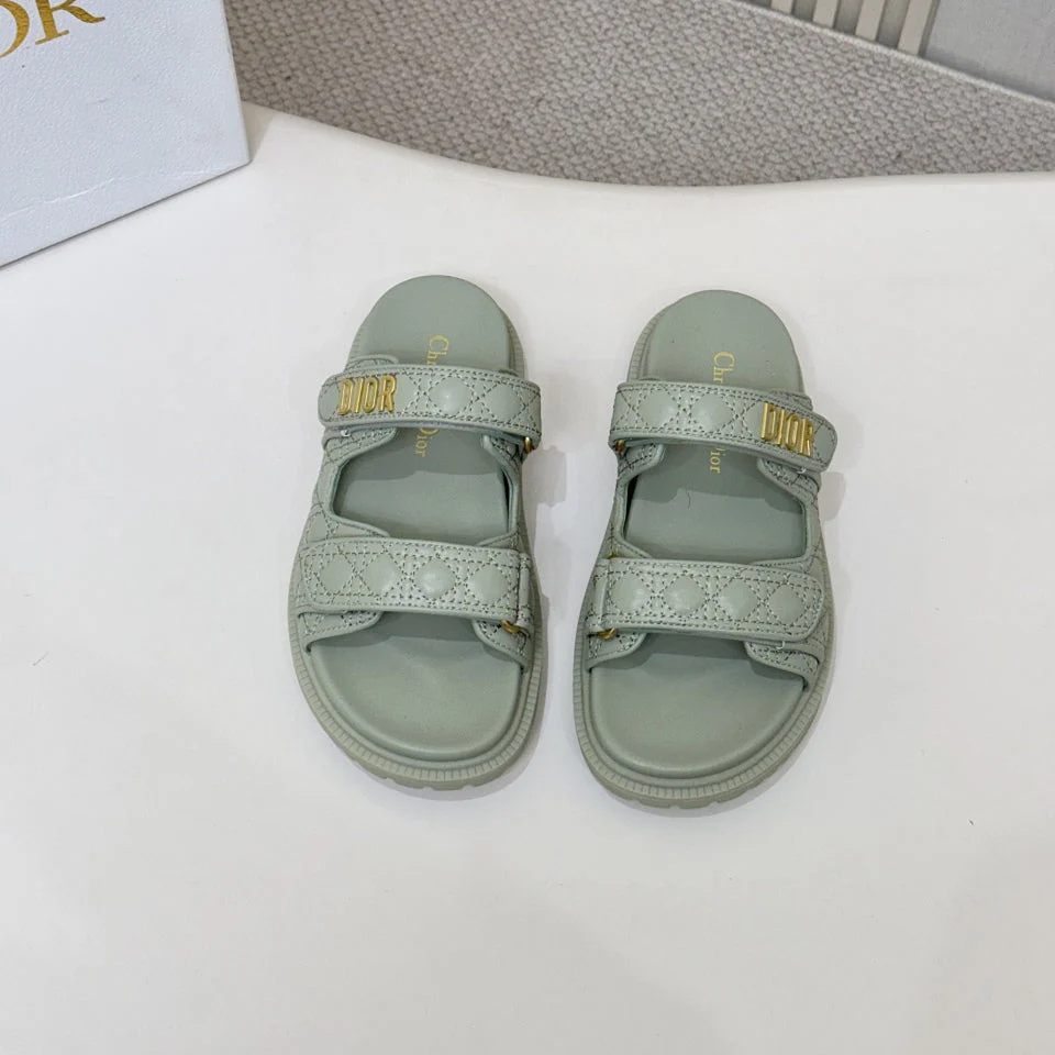 DIOR CLASSIC DOUBLE-STRAP SLIDES 25S IN PALE TEAL GRAY CALFSKIN