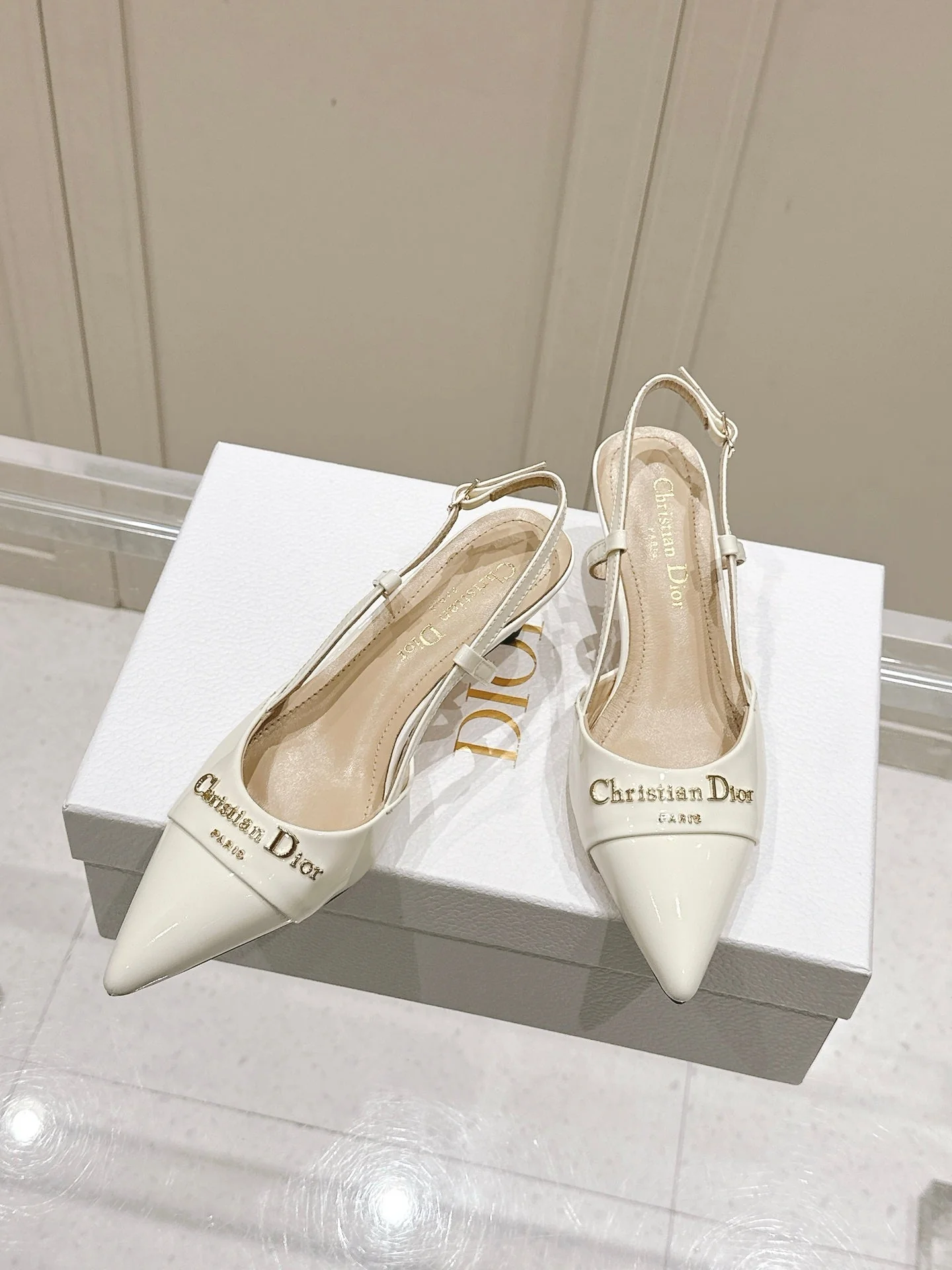 MY DD 25S SLINGBACK PUMP 50MM IN WHITE GLOSSY CALFSKIN