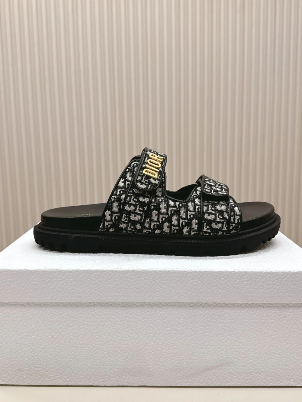 DIOR CLASSIC DOUBLE-STRAP SLIDES 25S IN BLACK FABRIC AND CALFSKIN