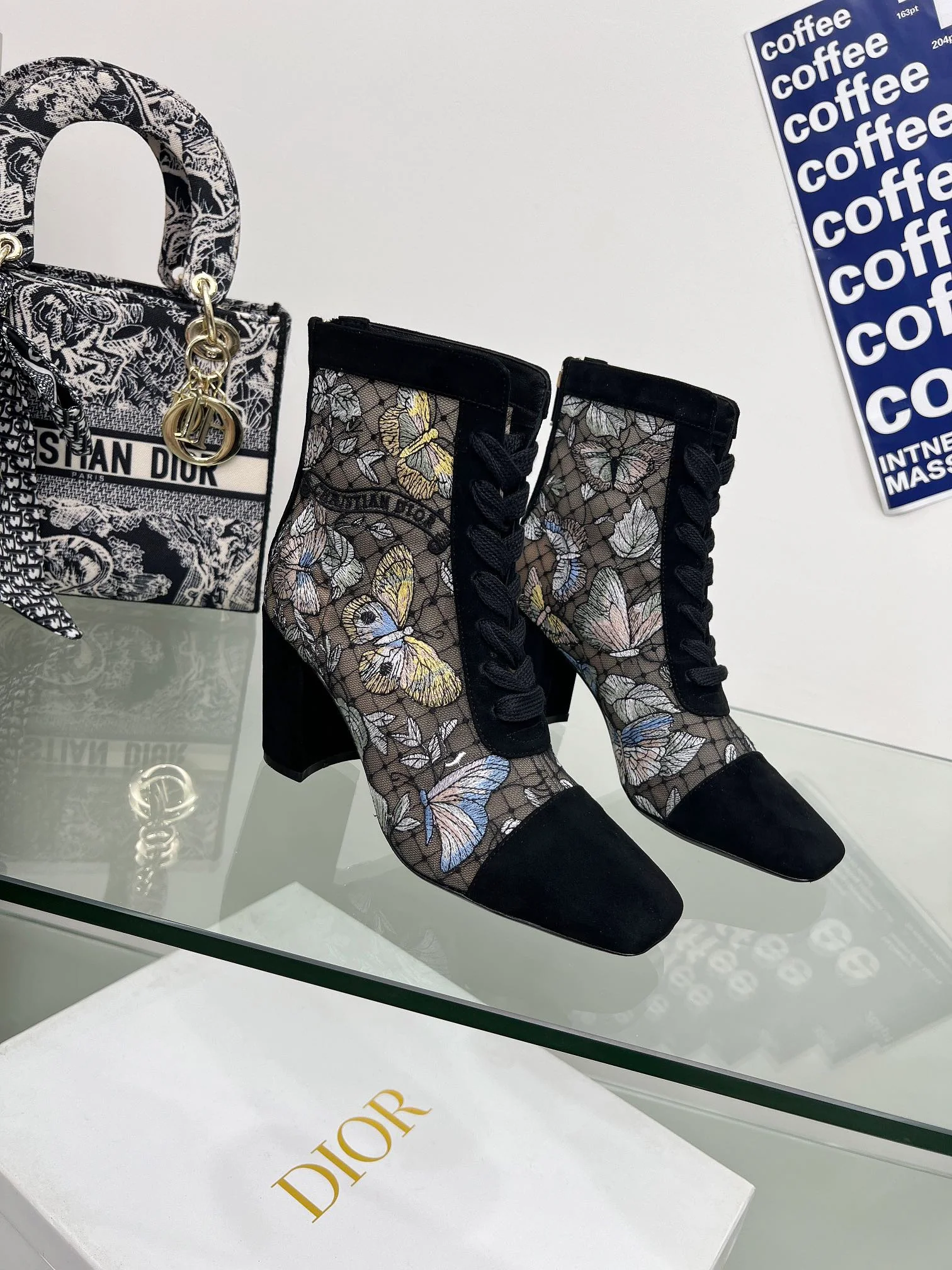 DIOR 25S NAUGHTILY-D ANKLE BOOTS 80 MM IN BLACK MESH TULLE AND SUEDE STYLE 2