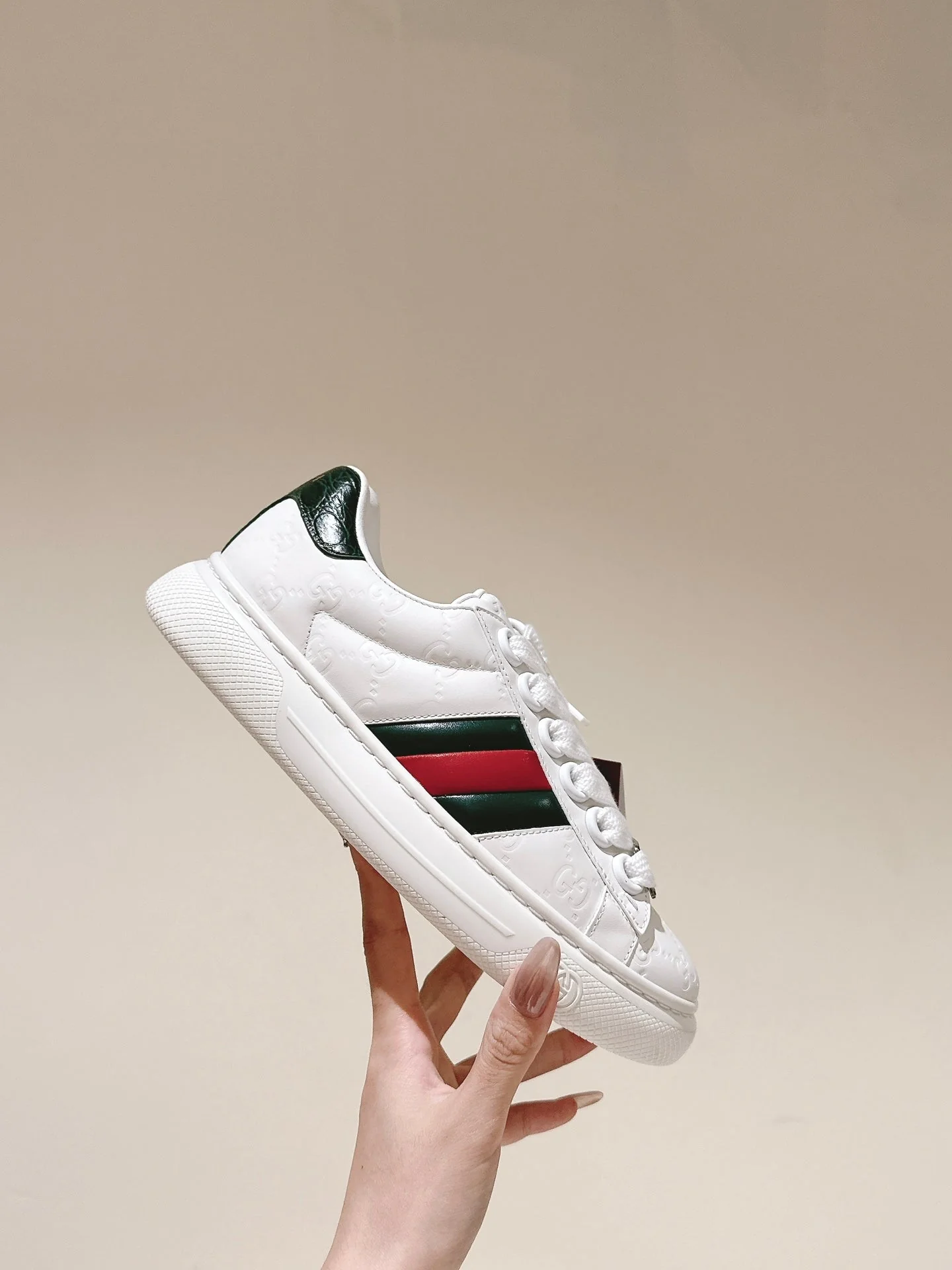 GG ACE SNEAKER WITH WEB IN WHITE EMBOSSED CALFSKIN
