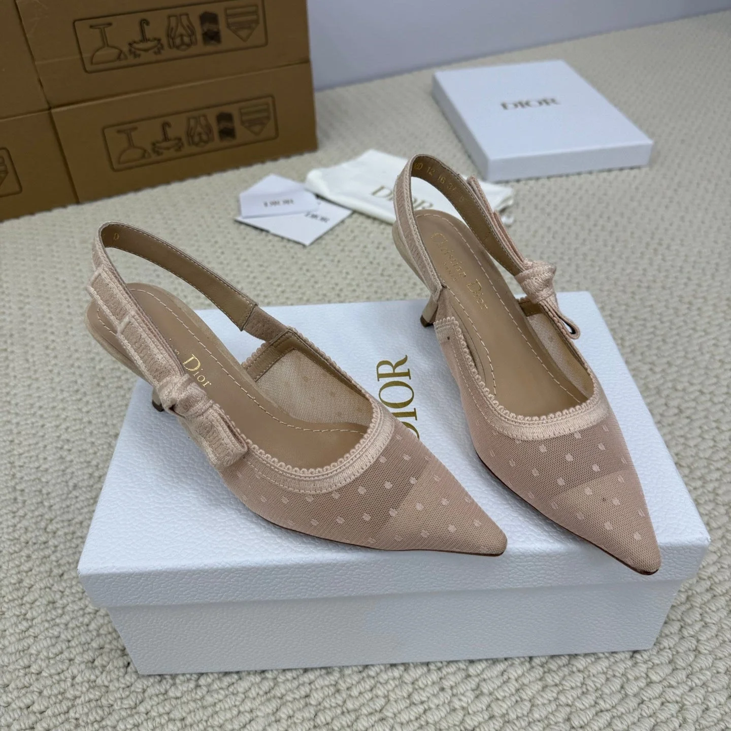 DIOR HIGH SLINGBACK 65 MM 25S IN NUDE LACE NET FABRIC AND SUEDE