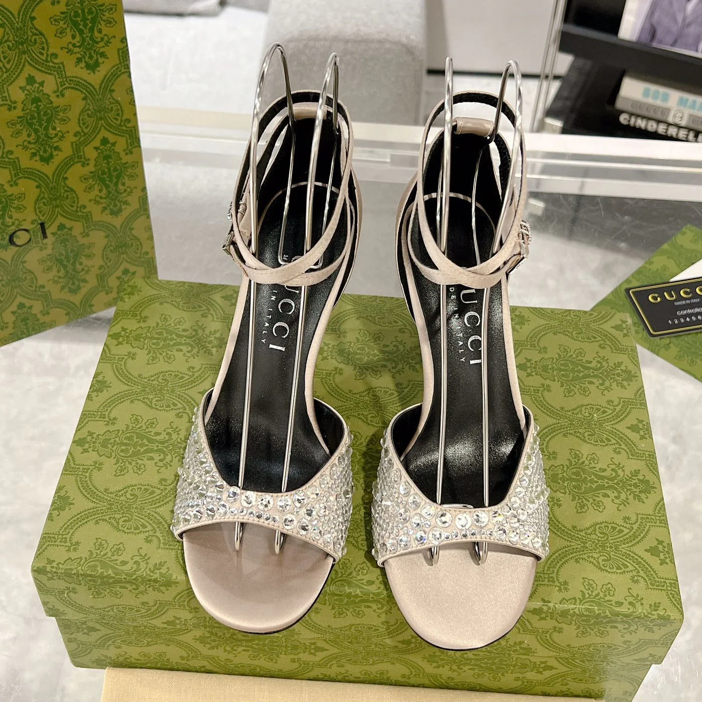 GG CRYSTAL CREAM HIGH HEEL SANDALS SATIN