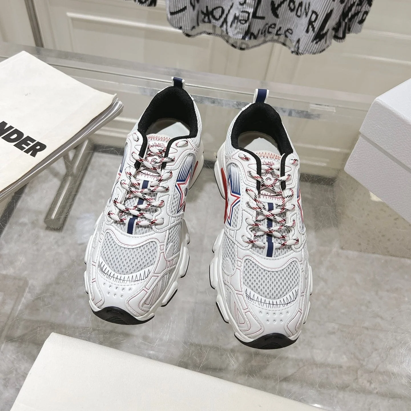 DIOR 25S CHRONO STAR FLATFORM SNEAKERS 45MM IN MESH WITH WHITE CALFSKIN