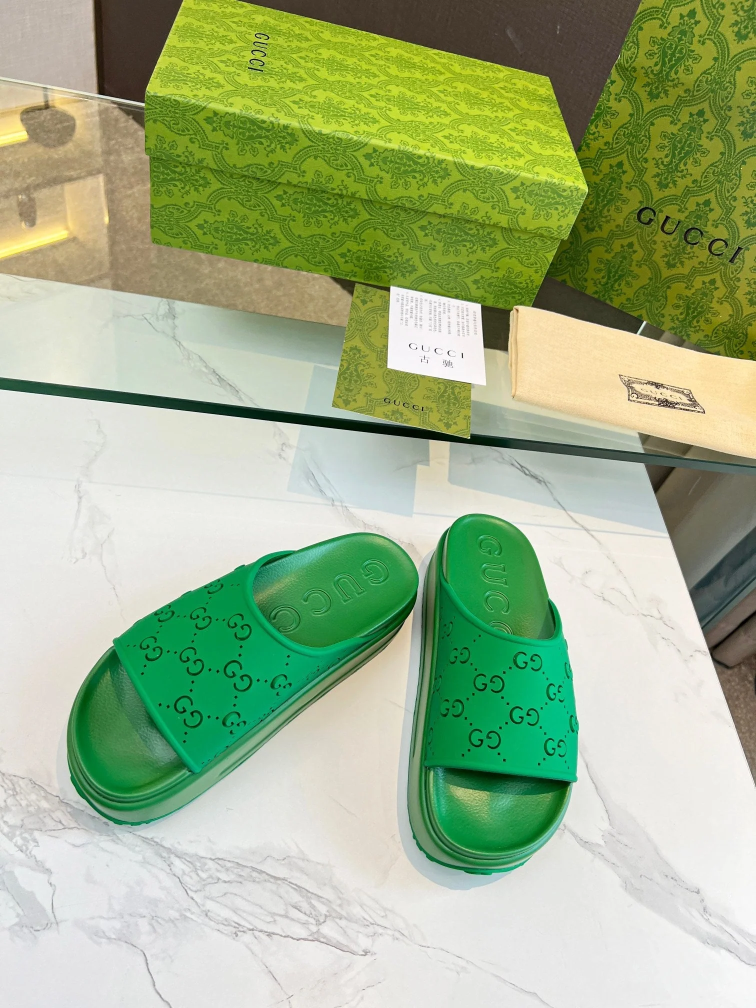 PLATFORM SANDALS IN EMERALD GREEN MONOGRAM IMPORTED TPU