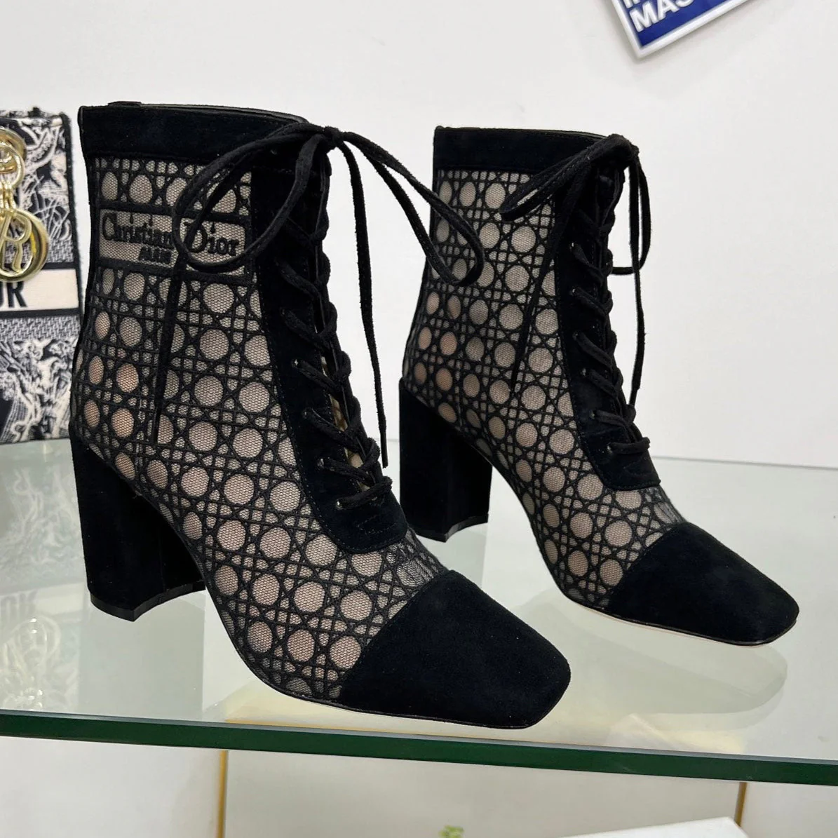 NAUGHTILY-D HEELED ANKLE BOOT IN BLACK CANNAGE MOTIF MESH AND SUEDE 8 CM