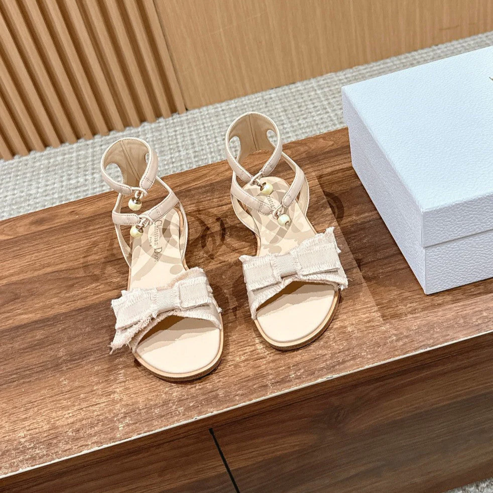 DIOR ADIORABLE SANDALS 25S IN LIGHT BEIGE FABRIC AND LAMBSKIN WITH PEARL DETAILING