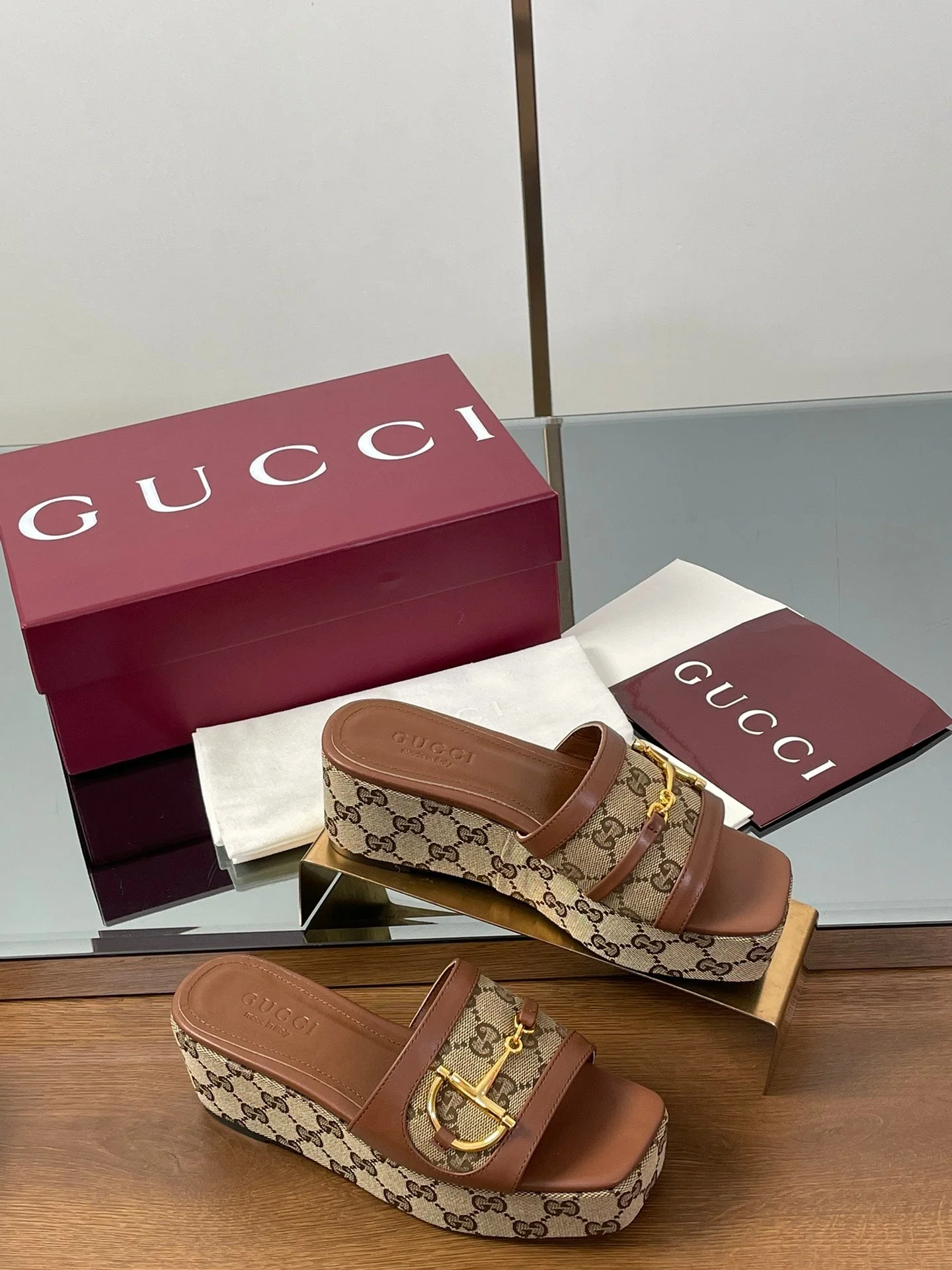 HIGH 6.3 CM WEDGE SANDALS IN BROWN CALFSKIN AND FABRIC
