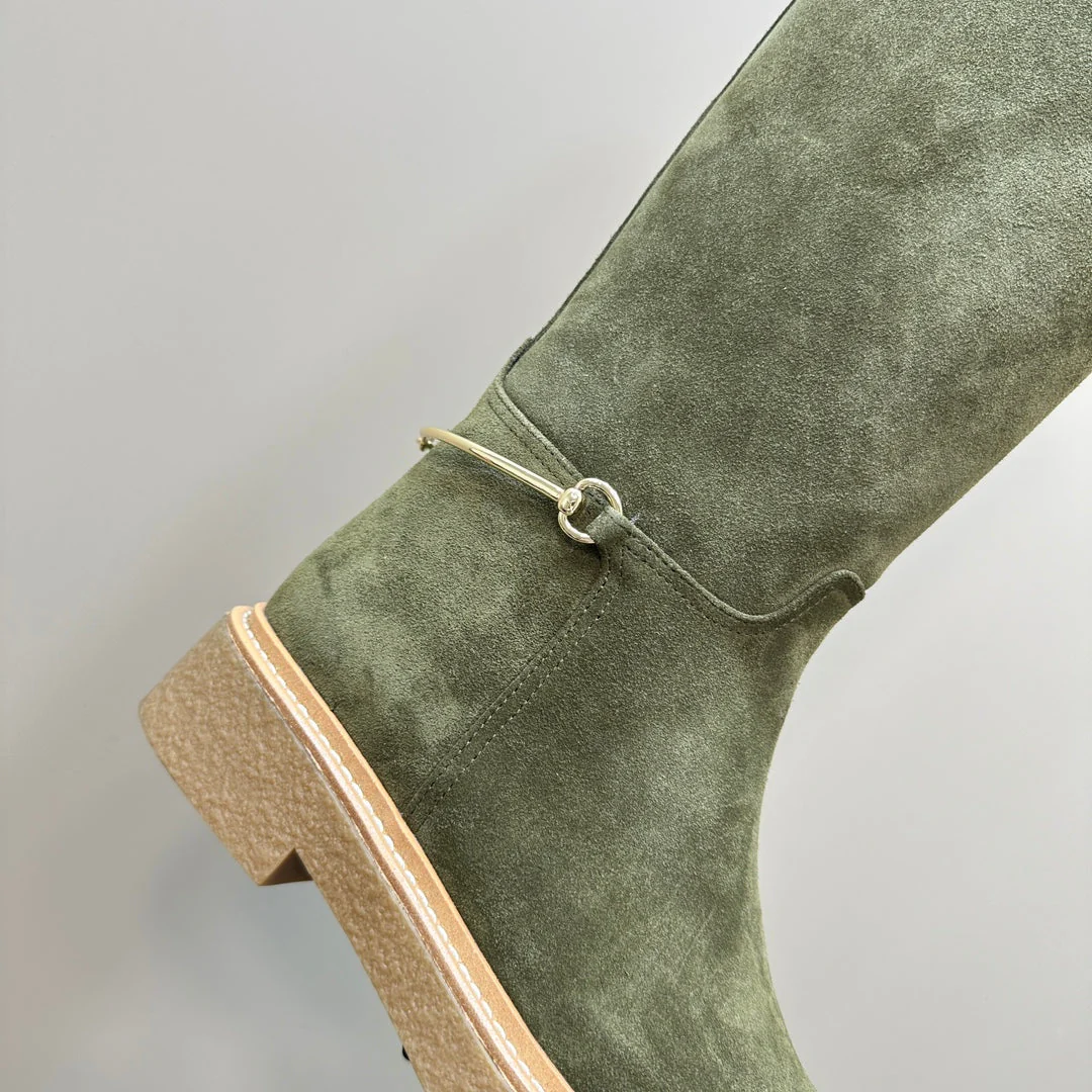SLIM HORSEBIT KNEE BOOTS WITH WEB IN KHAKI GREEN SUEDE