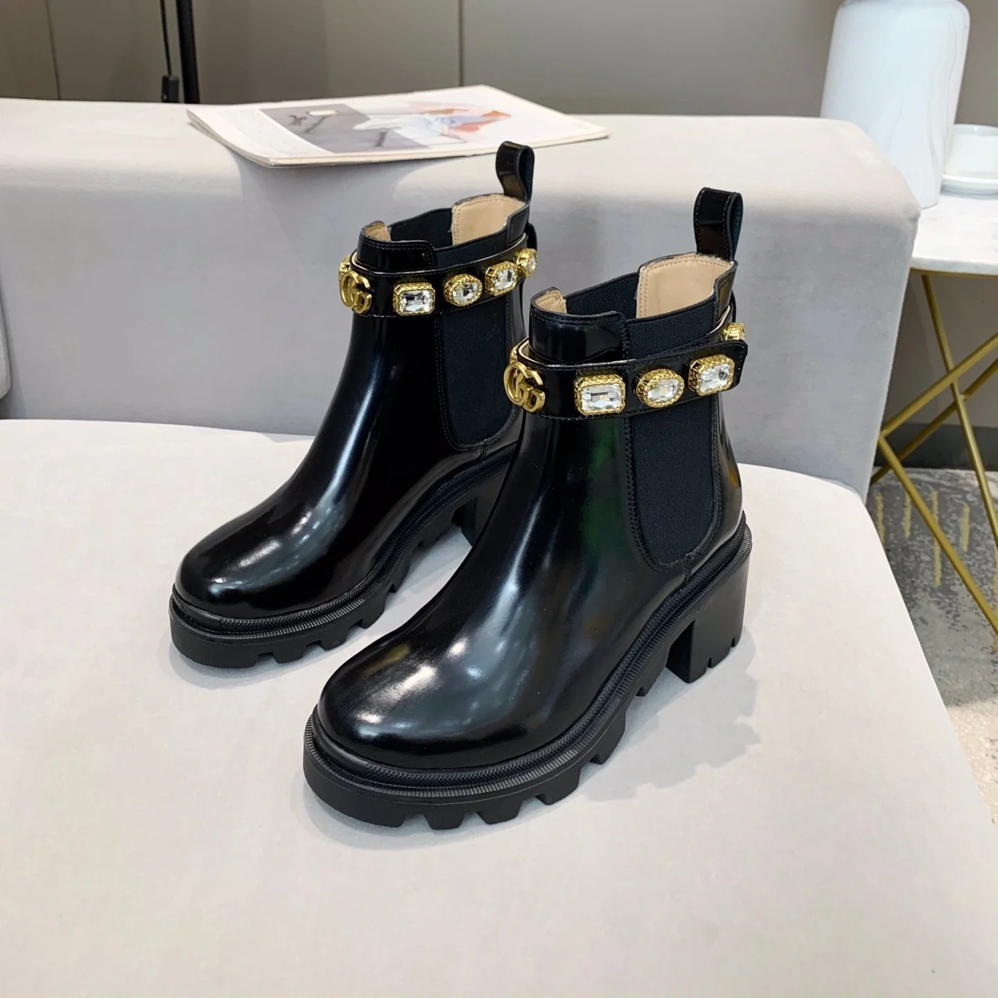 GG CRYSTAL ANKLE BOOTS IN BLACK CALFSKIN GHW