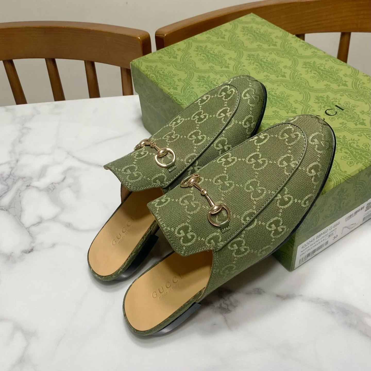 GG MULES IN MOSS GREEN FABRIC GOLD HARD WARE