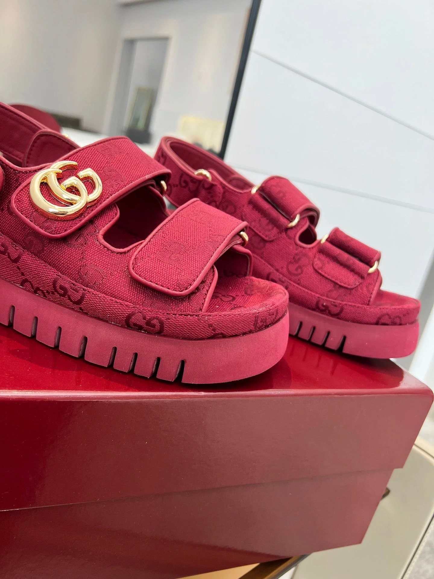 VELCRO STRAP SANDALS IN BRICK RED MONOGRAM CANVAS GOLD HARDWARE