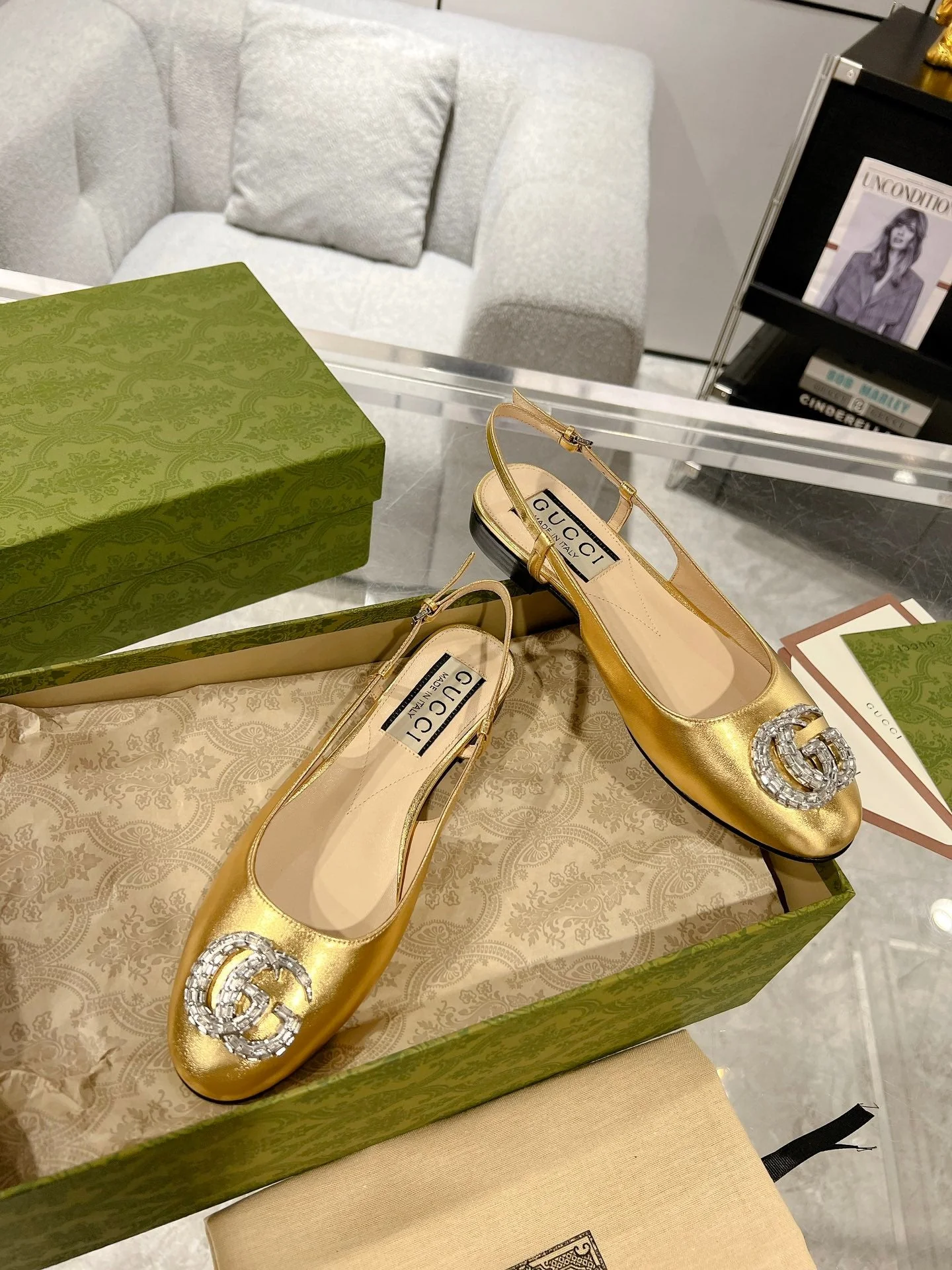 GG CRYSTALS SLINGBACK BALLET METALLIC GOLD CALFSKIN