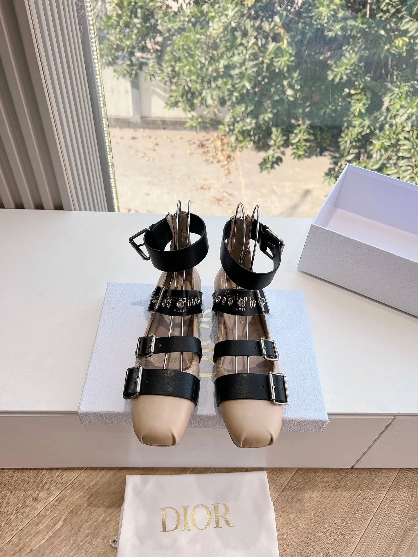 PUNK BALLET FLAT IN BLACK MIX CAMEL BEIGE CALFSKIN