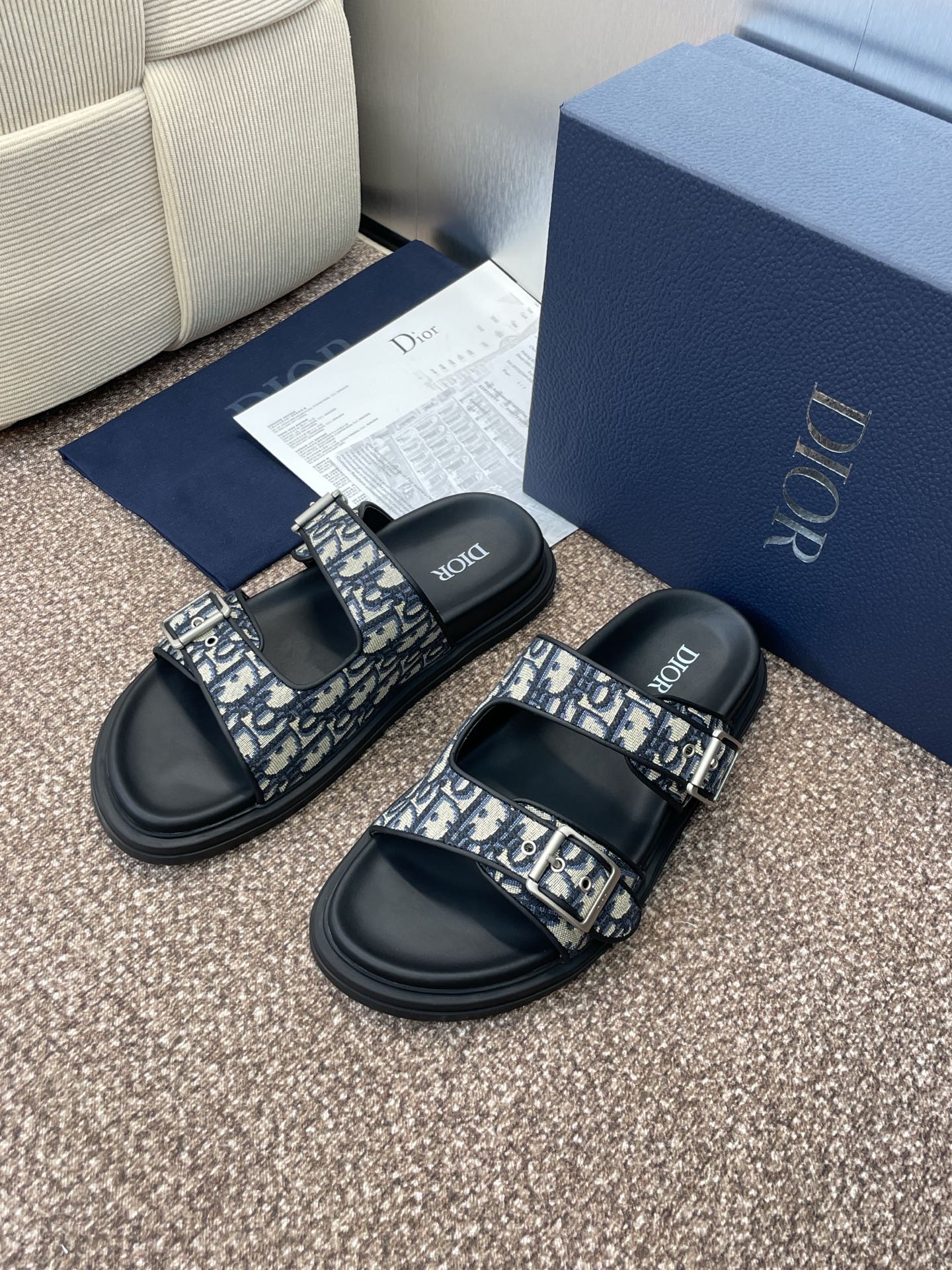 DIOR 25S DIORACT SLIDE IN DEEP BLUE CALFSKIN AND CANVAS SILVER HARDWARE