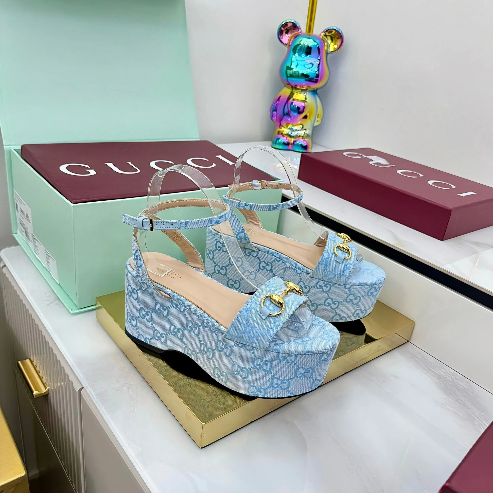 GG WEDGE HEELS IN BLUE FABRIC AND CALFSKIN WITH GOLD HARDWARE STYLE 4