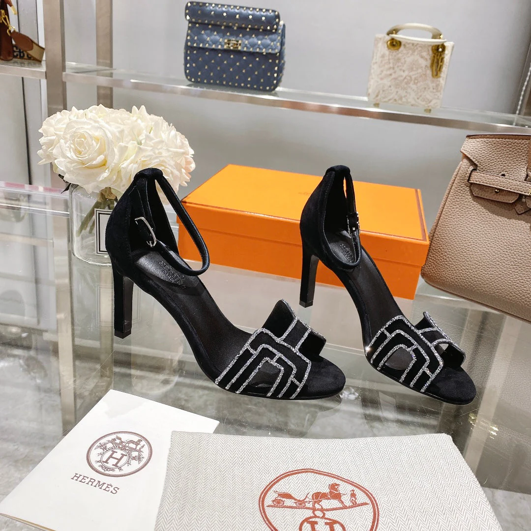 PREMIERE 90 SANDAL IN BLACK SUEDE WITH RHINSTONES