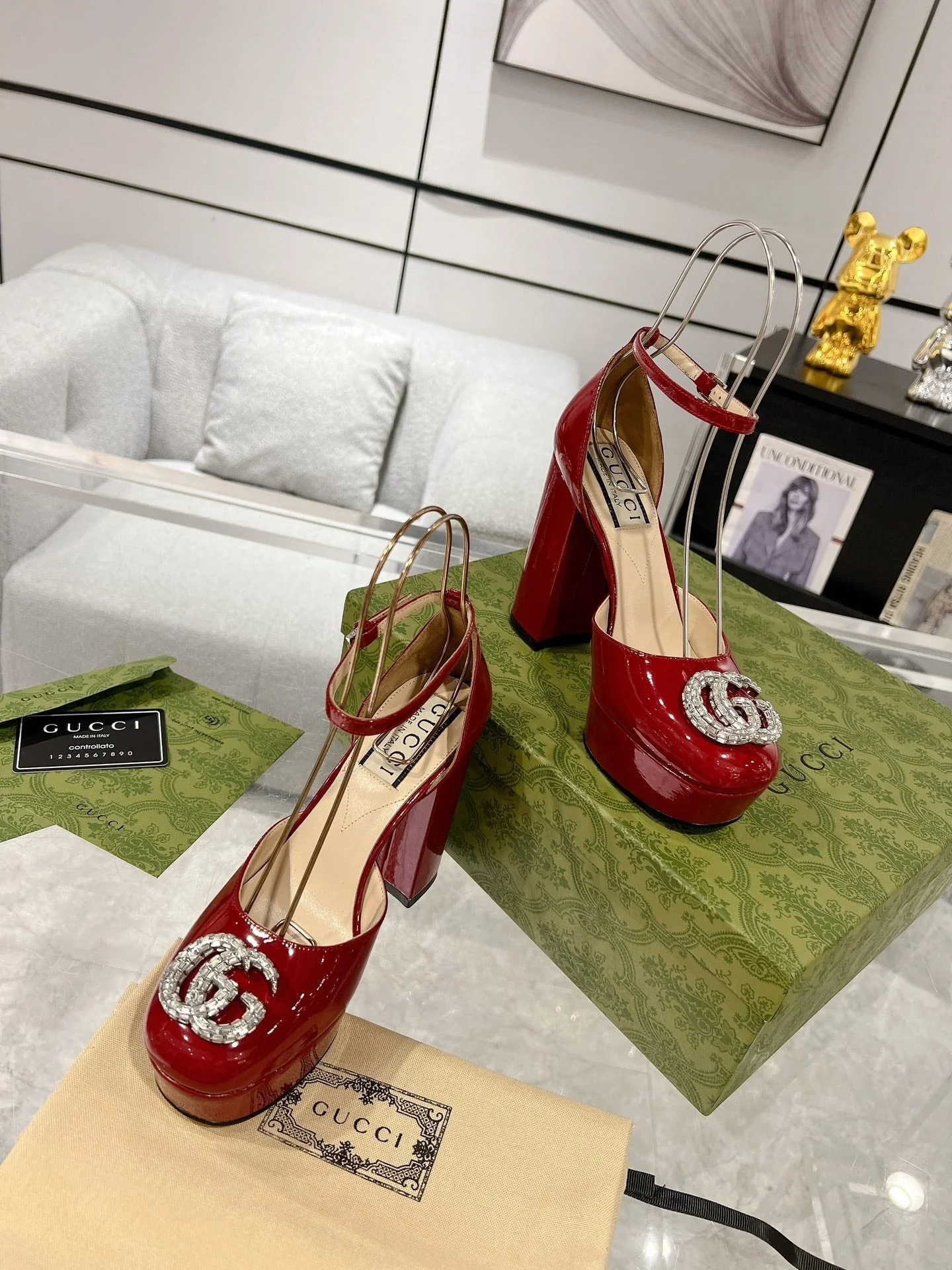 GG CRYSTALS PLATFORM PUMPS SCARLET CALFSKIN