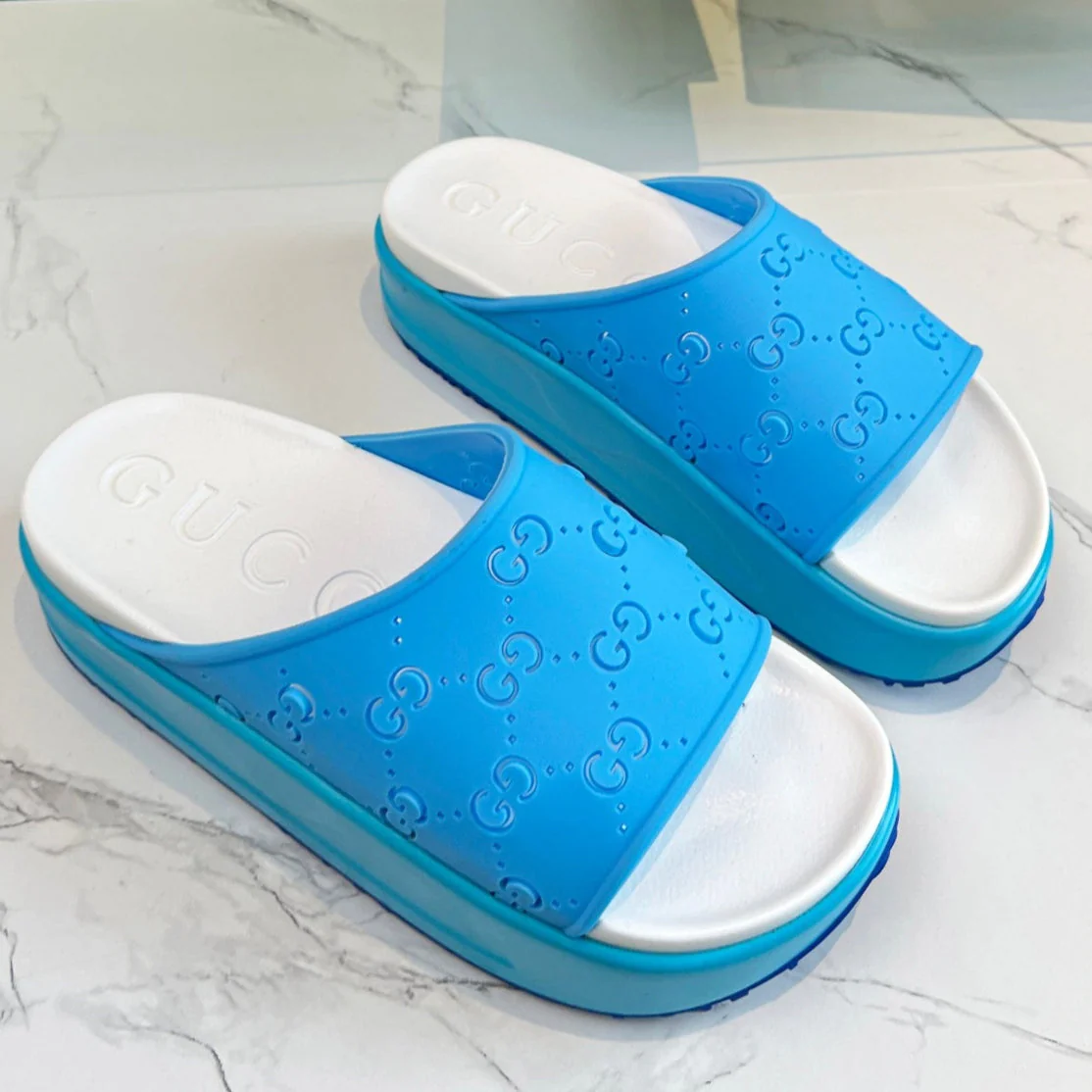 PLATFORM SANDALS IN SKY BLUE MONOGRAM IMPORTED TPU