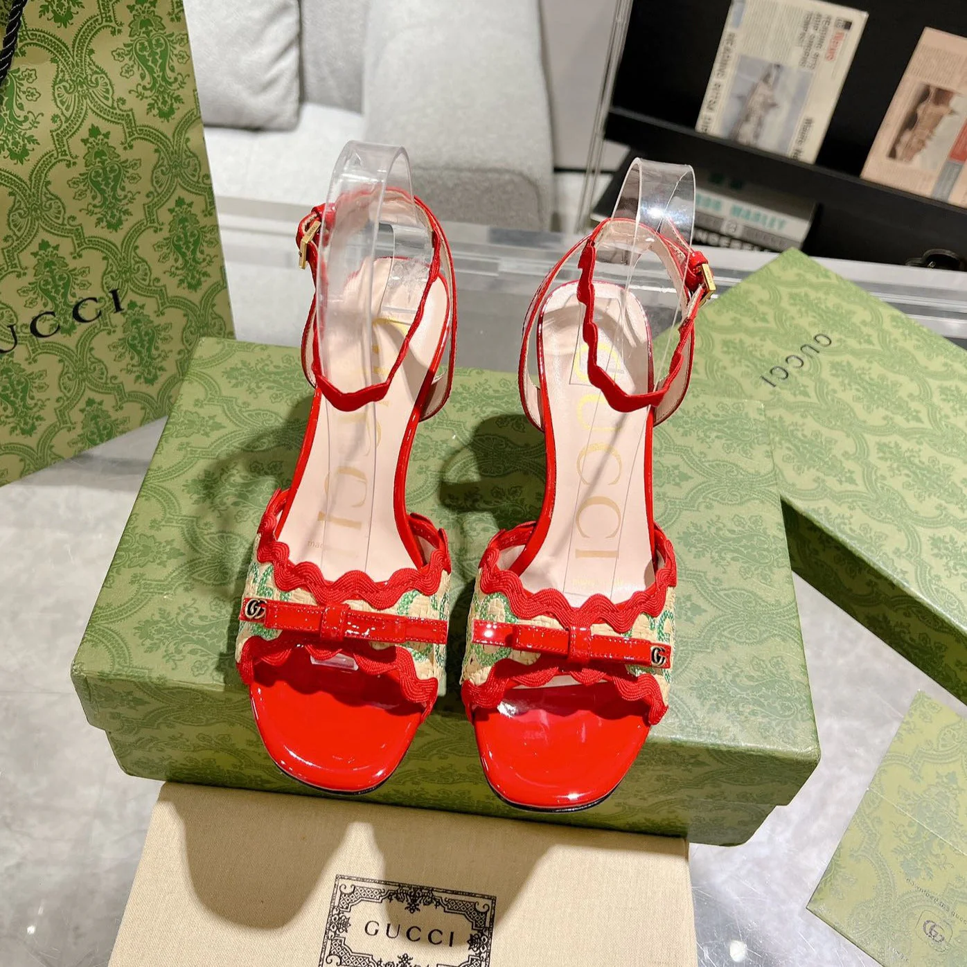 GG HIGH - HEEL SANDAL CRIMSON FABRIC ATTACH BOW