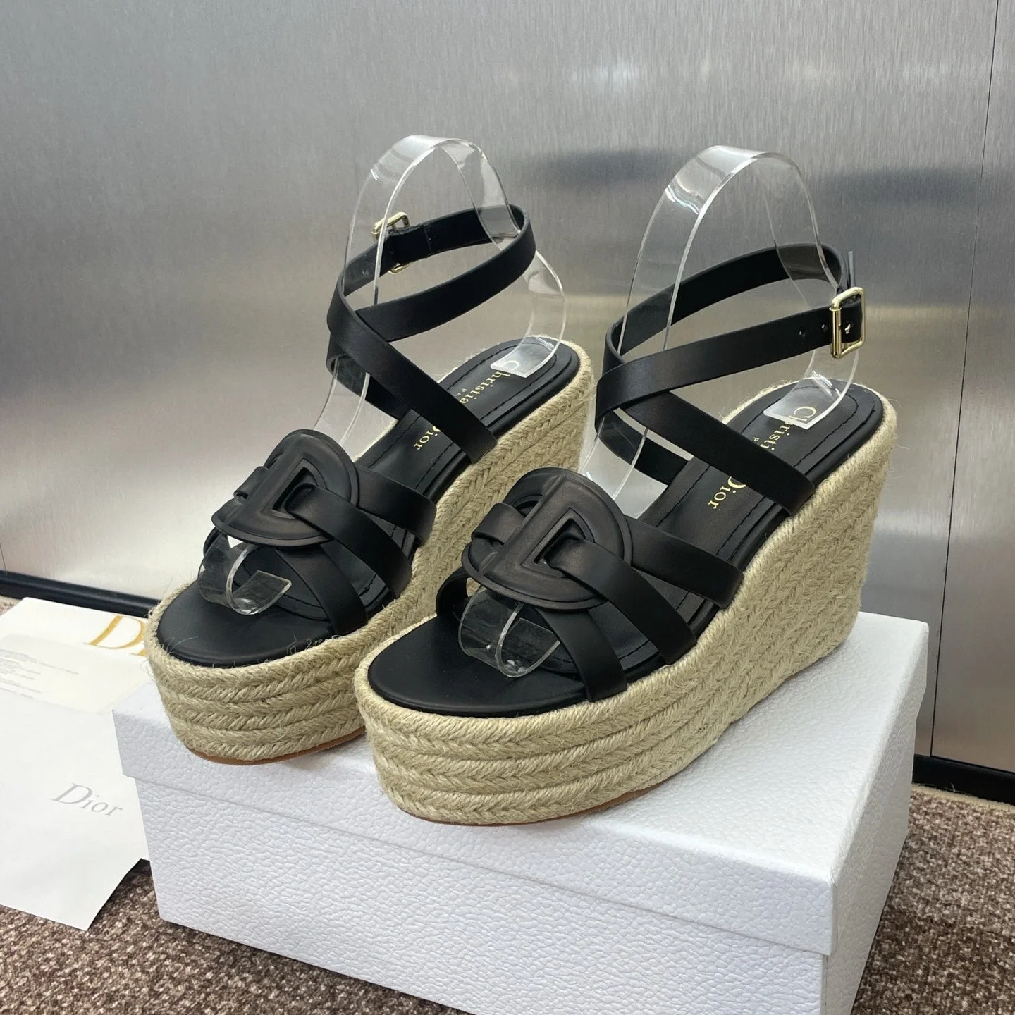 D-CLUB 25S HIGH HEEL WEDGE 100MM IN BLACK CALFSKIN RAFFIA SOLE