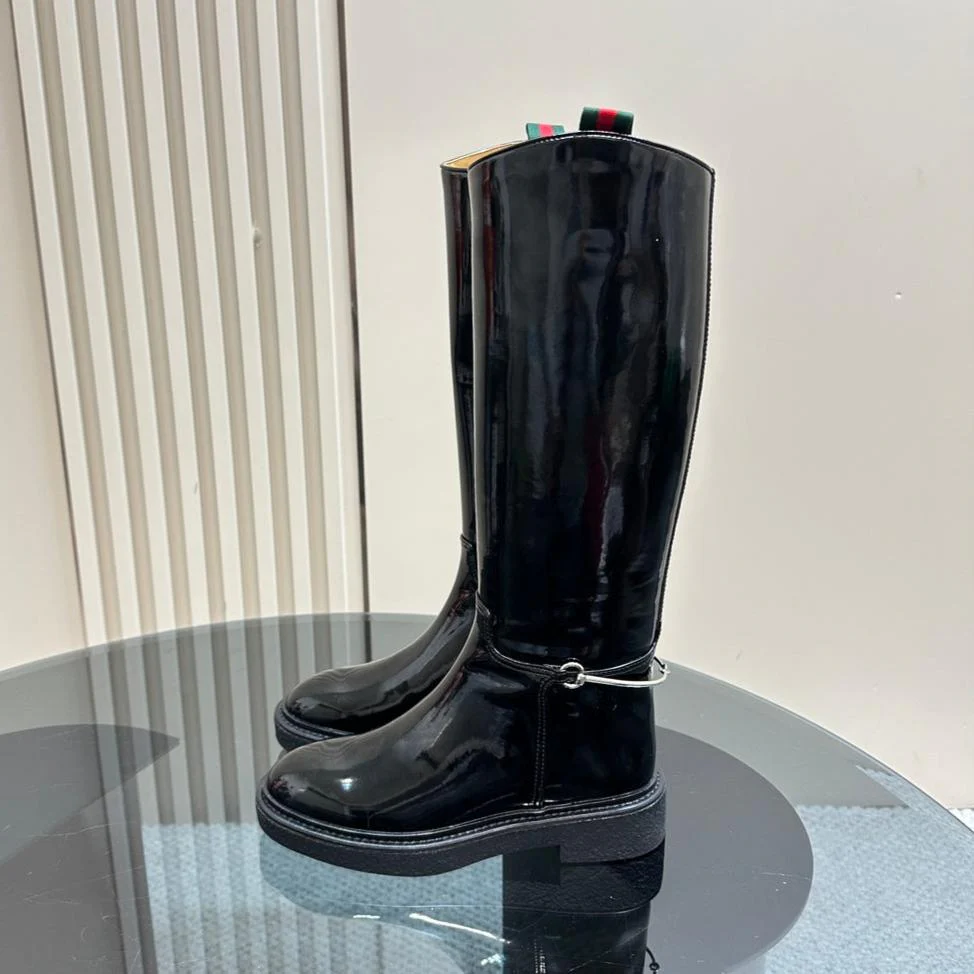 SLIM HORSEBIT KNEE BOOTS WITH WEB IN BLACK GLOSSY CALFSKIN
