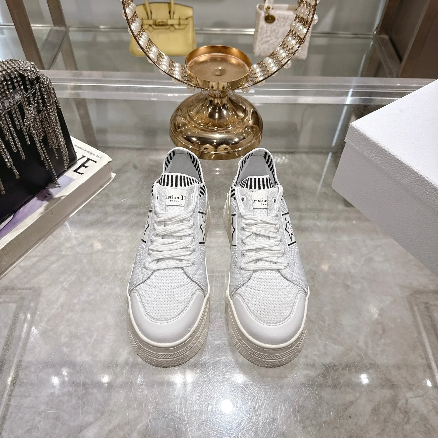 CD STAR SNEAKER 4CM IN WHITE MESH FABRIC BLACK STRIPE COLLAR DETAIL