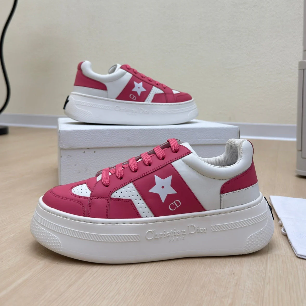 STAR PLATFORM SNEAKER IN WHITE MIX RED PINK CALFSKIN