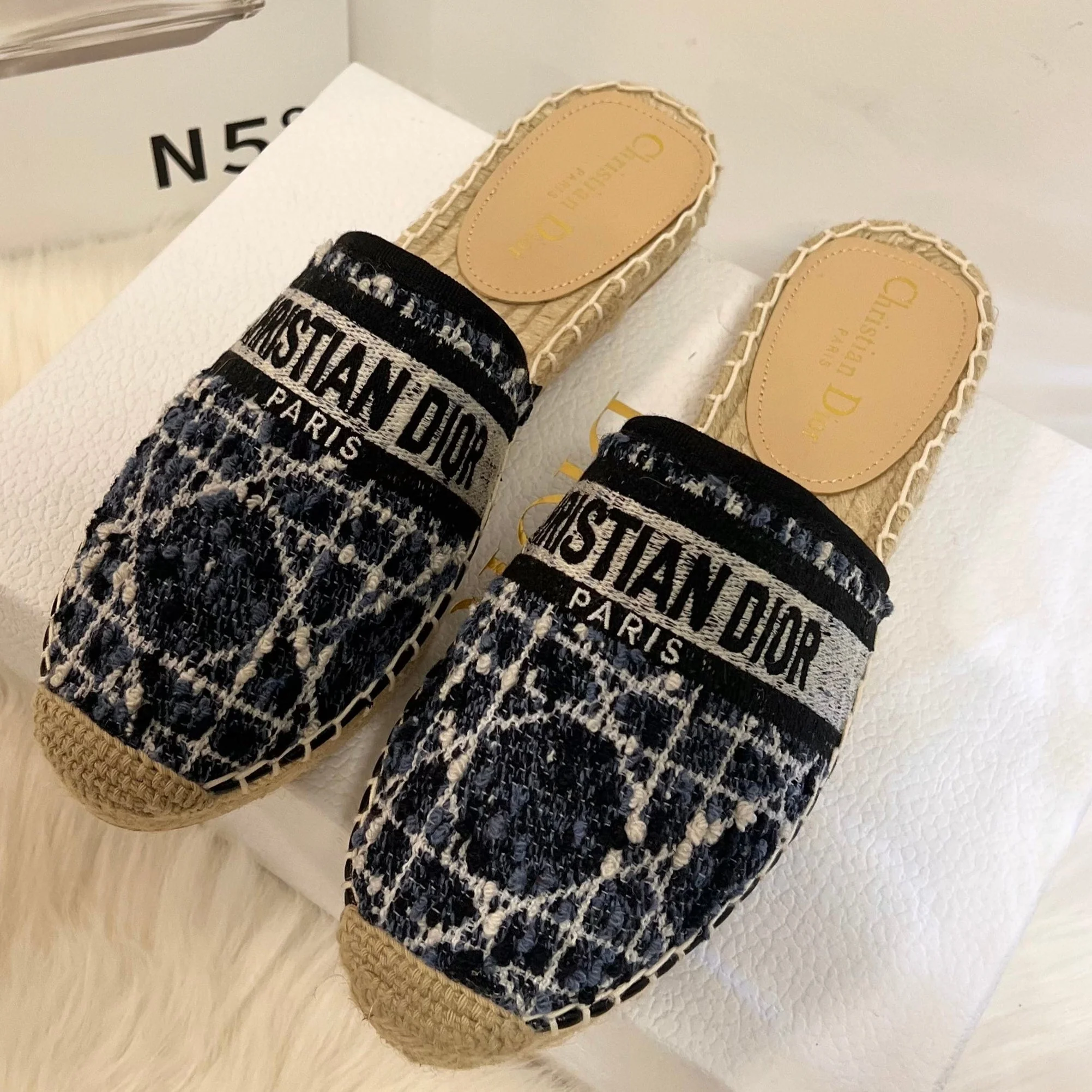 GRANVILLE ESPADRILLE NAVY BLUIE OBLIQUE EMBROIDERED COTTON MULE