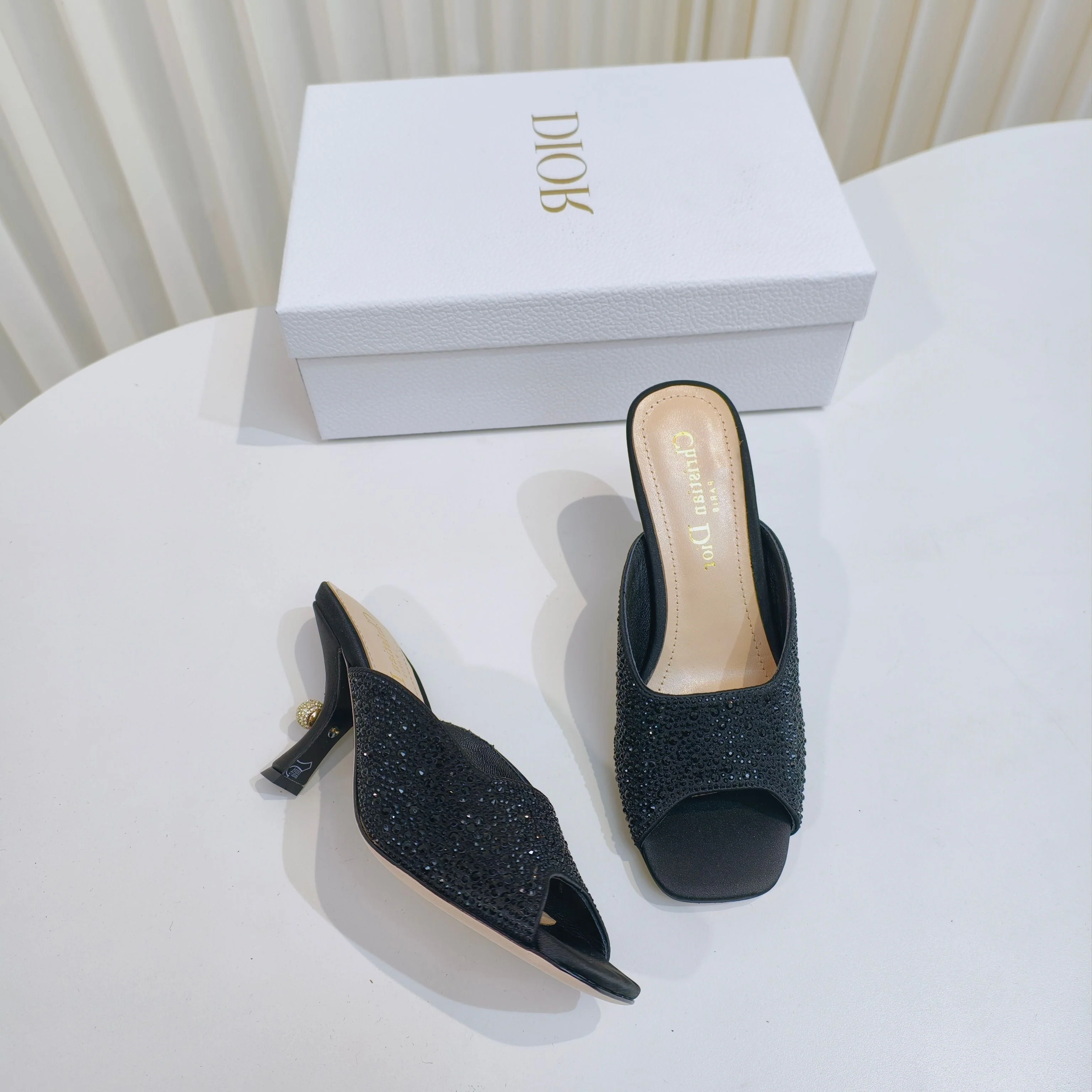 DIOR EMBELLISHED HIGH HEEL SLIDES 25S IN BLACK SATIN AND CALFSKIN