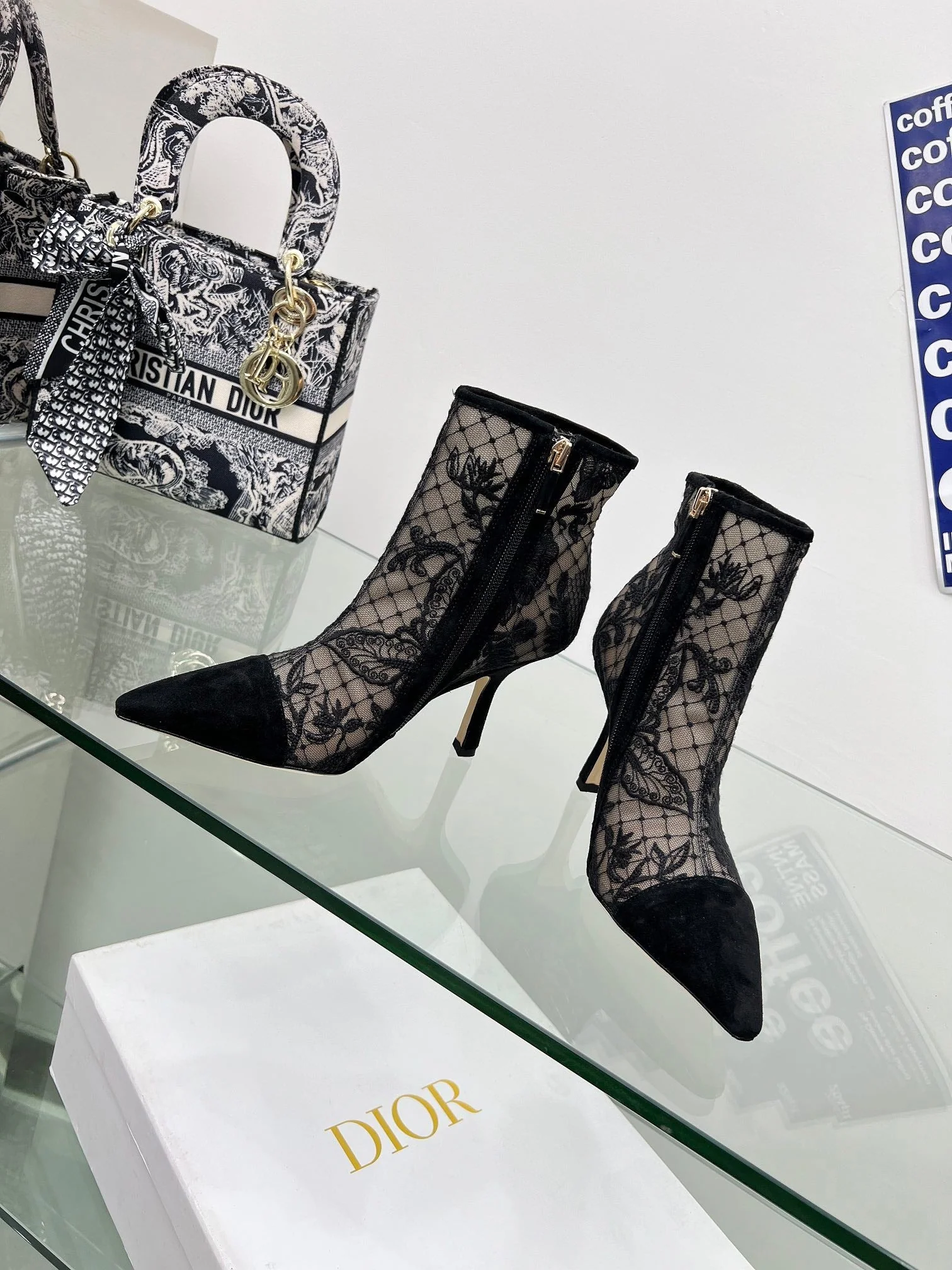 DIOR 25S POINTED-TOE ANKLE BOOTS 95 MM IN BLACK MESH TULLE AND SUEDE
