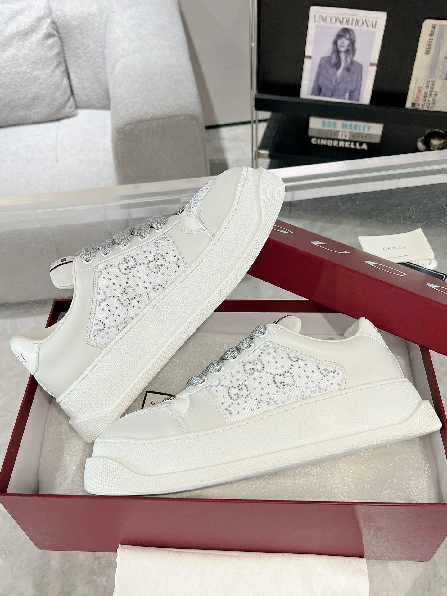 GG SCREENER SNEAKER WITH CRYSTALS IN IVORY BEIGE MIX RHINO GRAY CALFSKIN