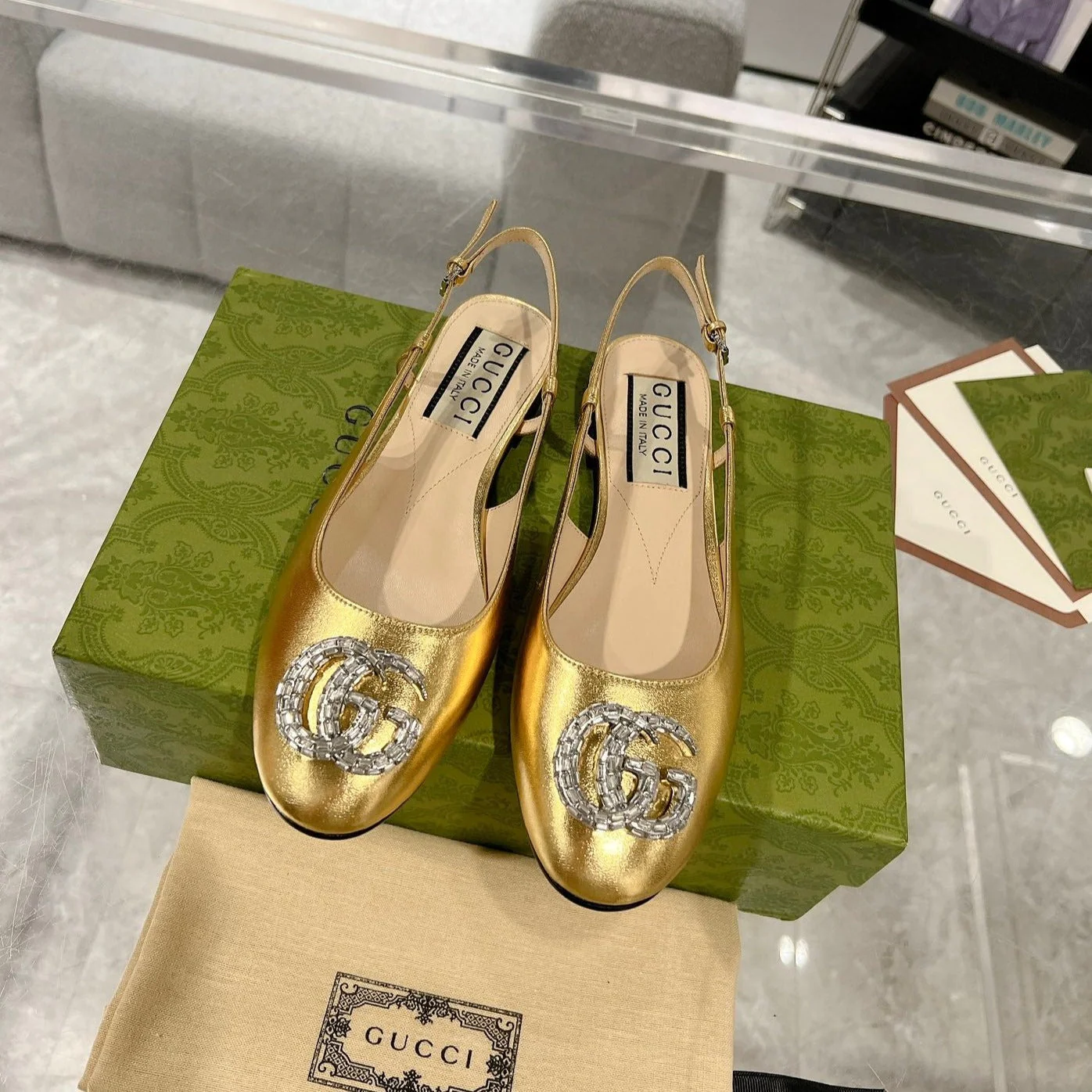 GG CRYSTALS SLINGBACK BALLET METALLIC GOLD CALFSKIN