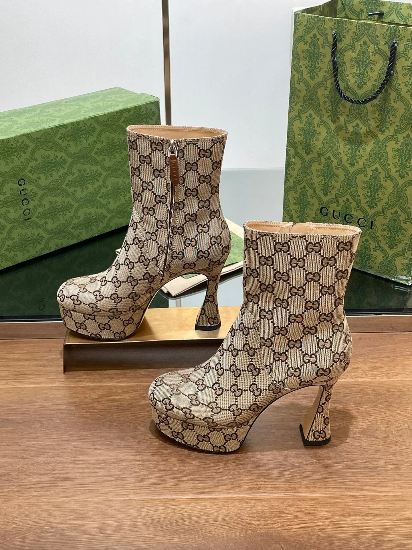 GG SHORT BOOTS 11.5 CM IN CAMEL BROWN MONOGRAM JACQUARD FABRIC