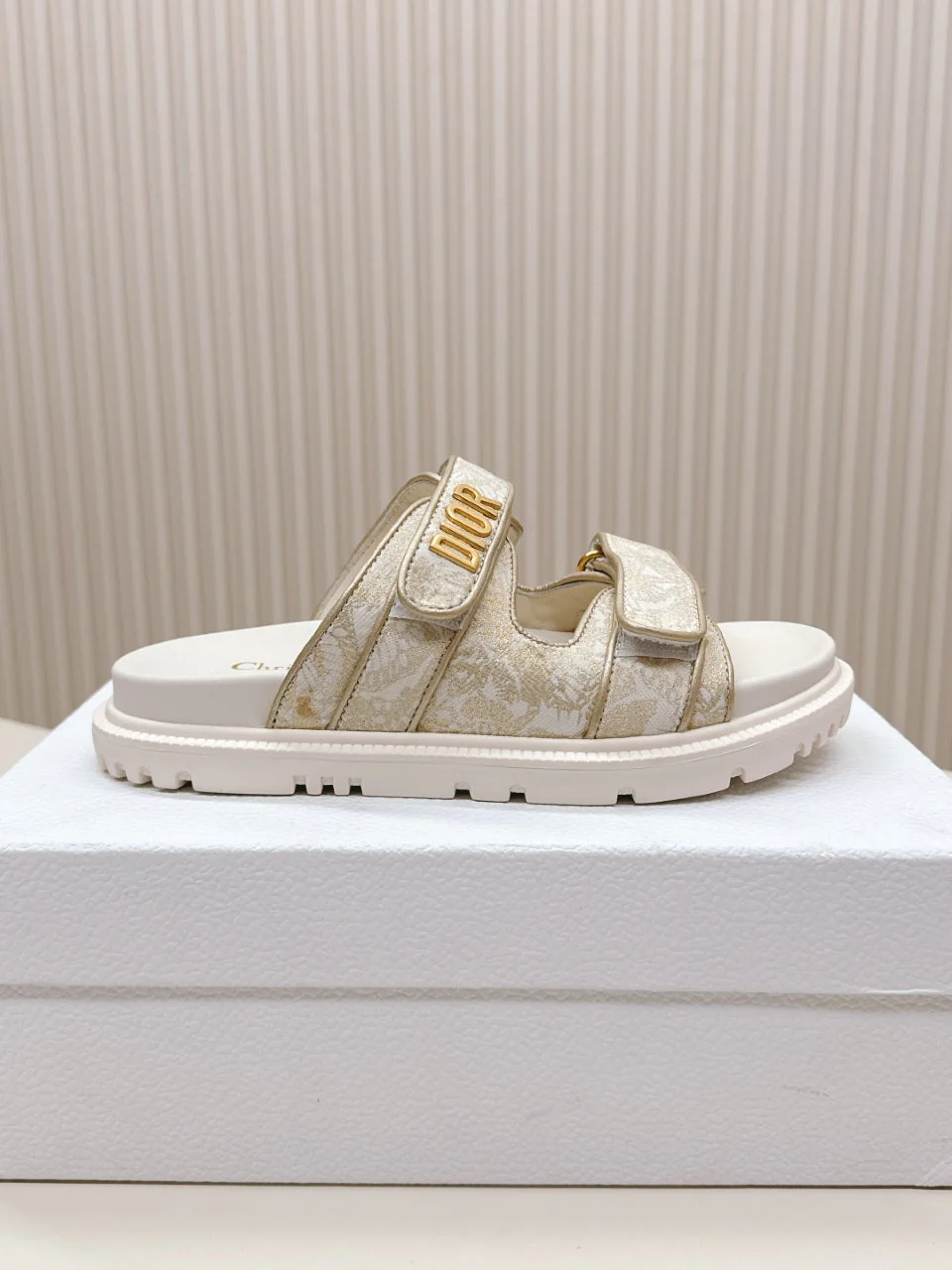 DIOR CLASSIC DOUBLE-STRAP SLIDES 25S IN WHITE MIX BEIGE FABRIC AND CALFSKIN