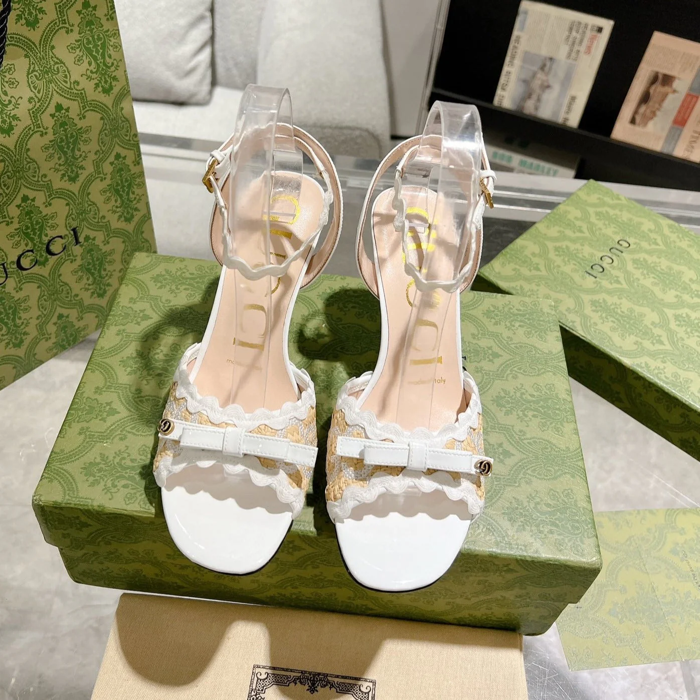 GG HIGH - HEEL SANDAL WHITE FABRIC ATTACH BOW
