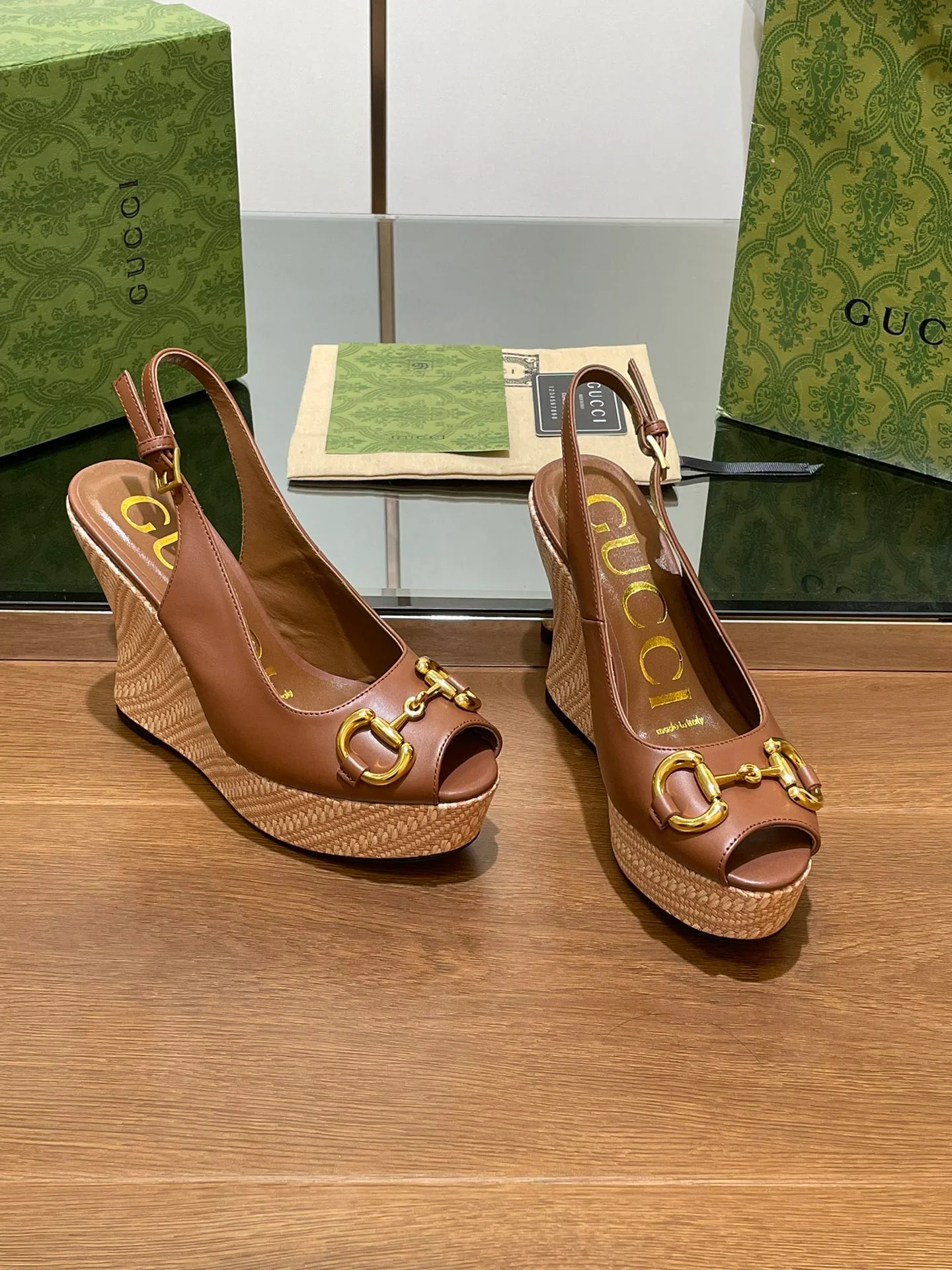 GG WEDGE PLATFORM IN CHOCOLATE BROWN CALFSKIN WITH GOLD HARDWARE