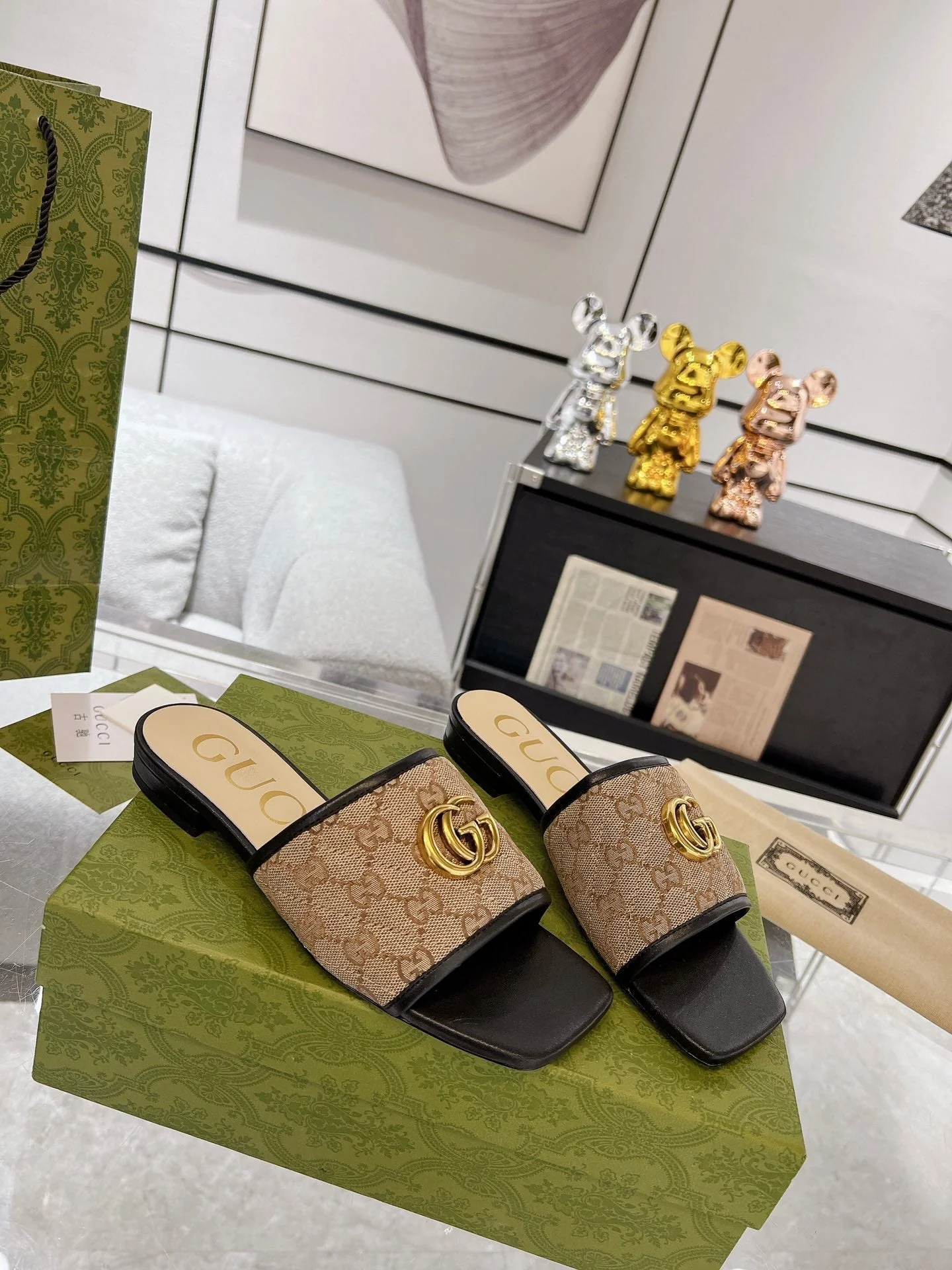 GG EXCLUSIVE SLIDE SANDAL BLACK AND BROWN FABRIC