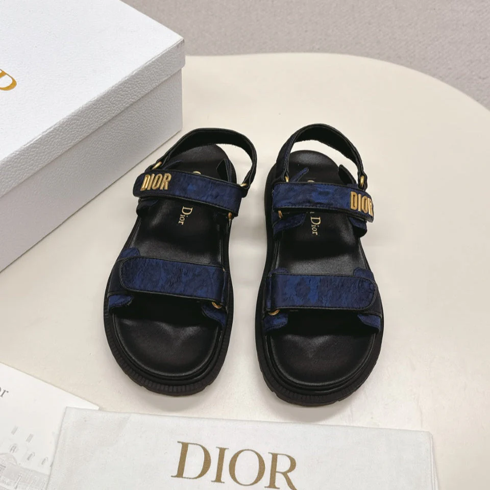 DIOR BACK-STRAP SANDALS 25S IN MIDNIGHT BLUE FABRIC AND BLACK CALFSKIN WITH GOLD HARDWARE