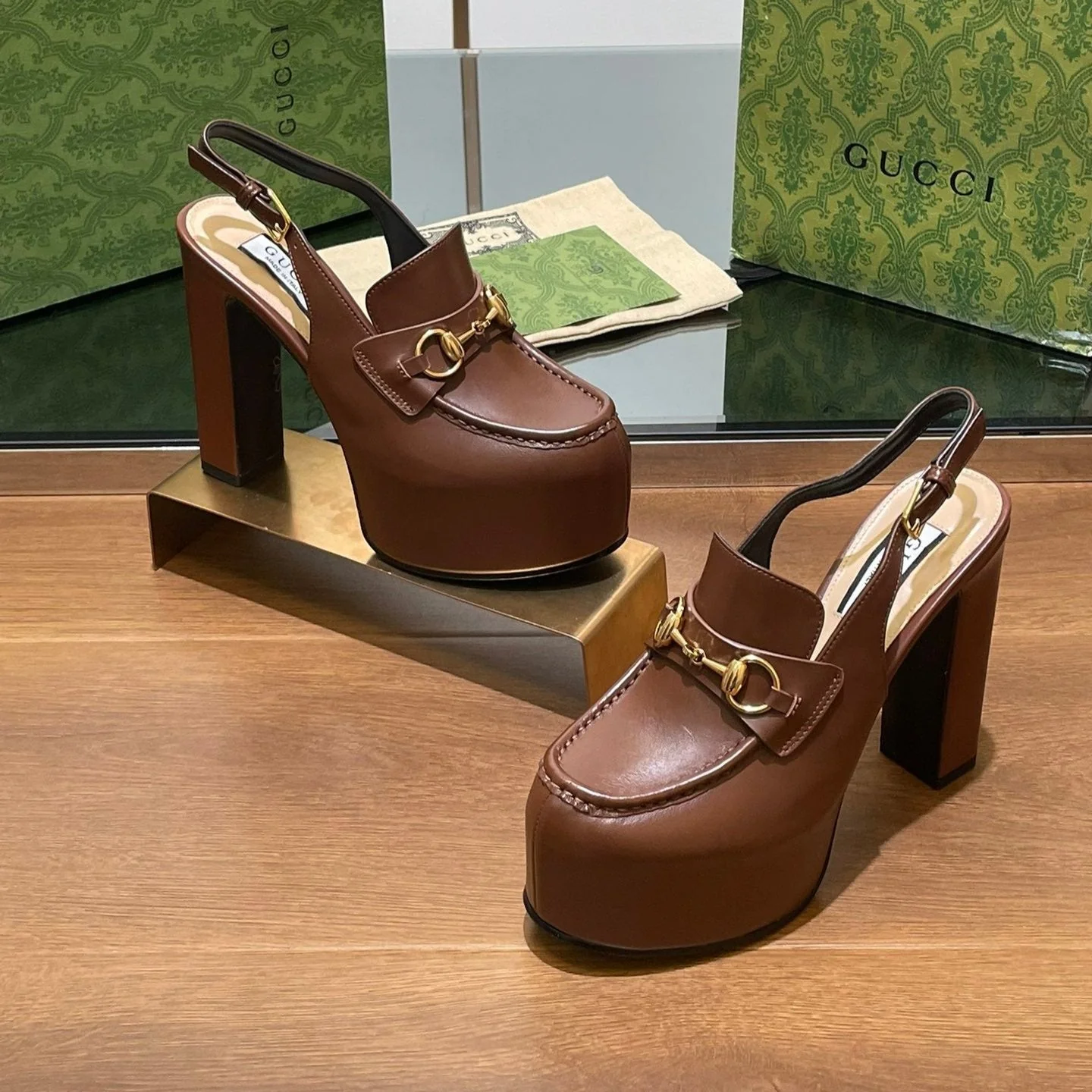 GG WOMEN'S HORSEBIT PLATFORM LOAFER SLINGBACK IN DARK BROWN CALFSKIN