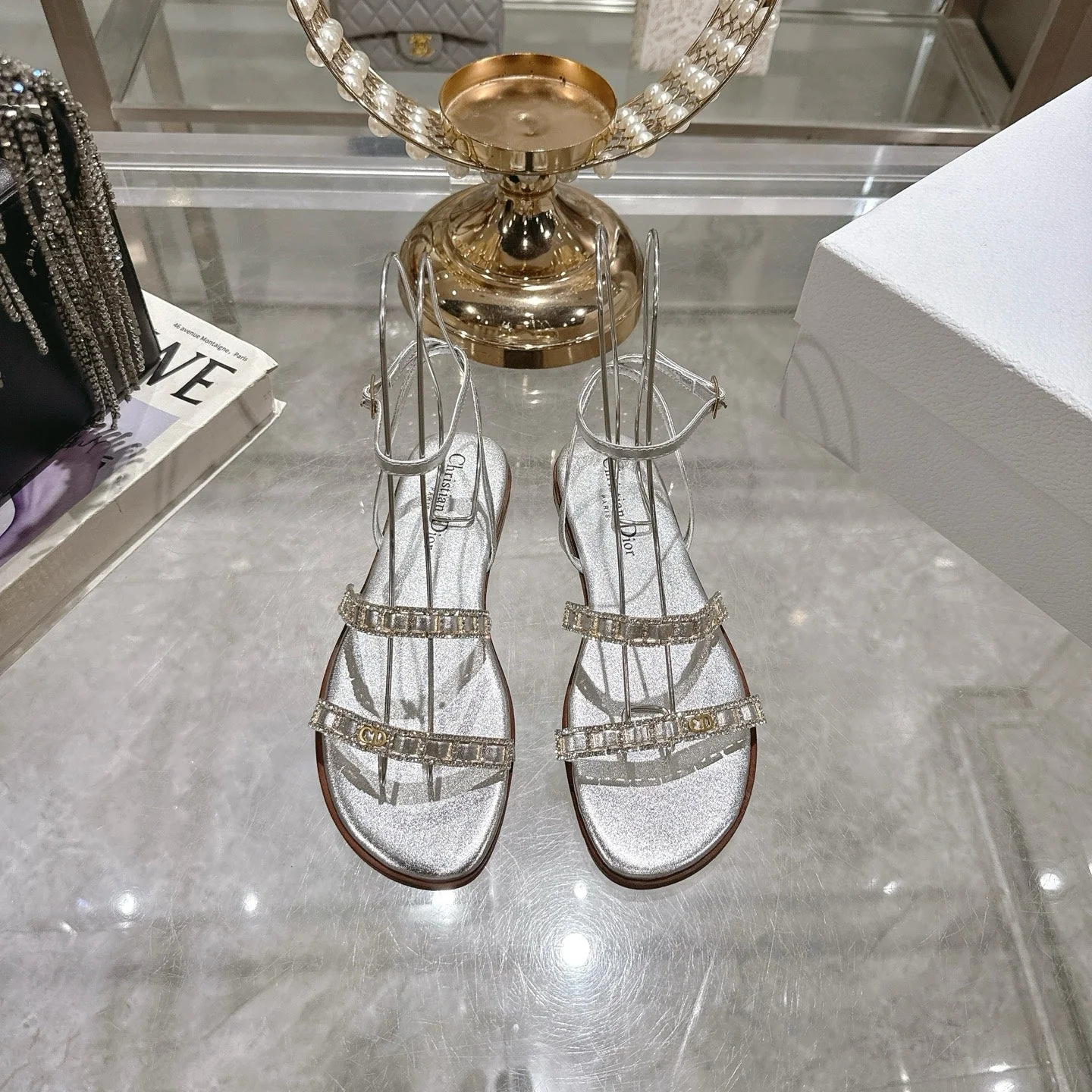 FLAT SANDALS 25S IN SILVER CALFSKIN RHINESTONES STRAP
