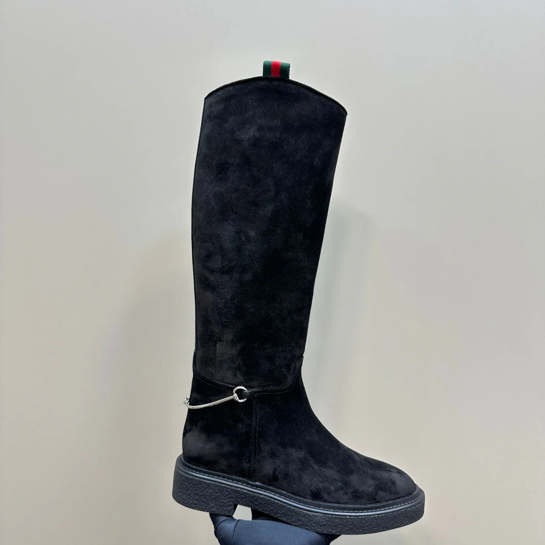 SLIM HORSEBIT KNEE BOOTS WITH WEB IN BLACK SUEDE