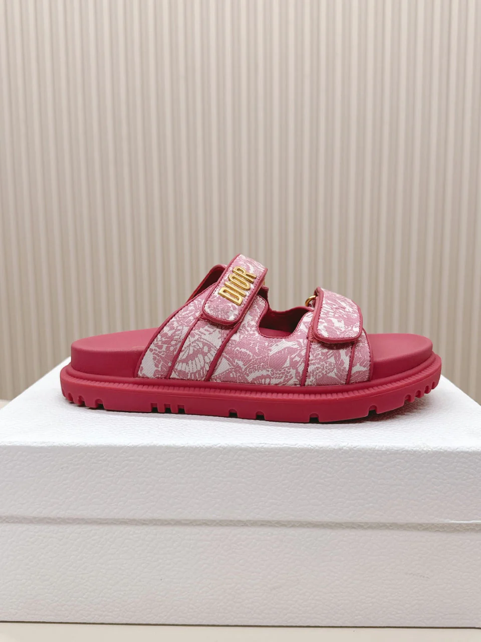 DIOR CLASSIC DOUBLE-STRAP SLIDES 25S IN DARK PINK FABRIC AND CALFSKIN