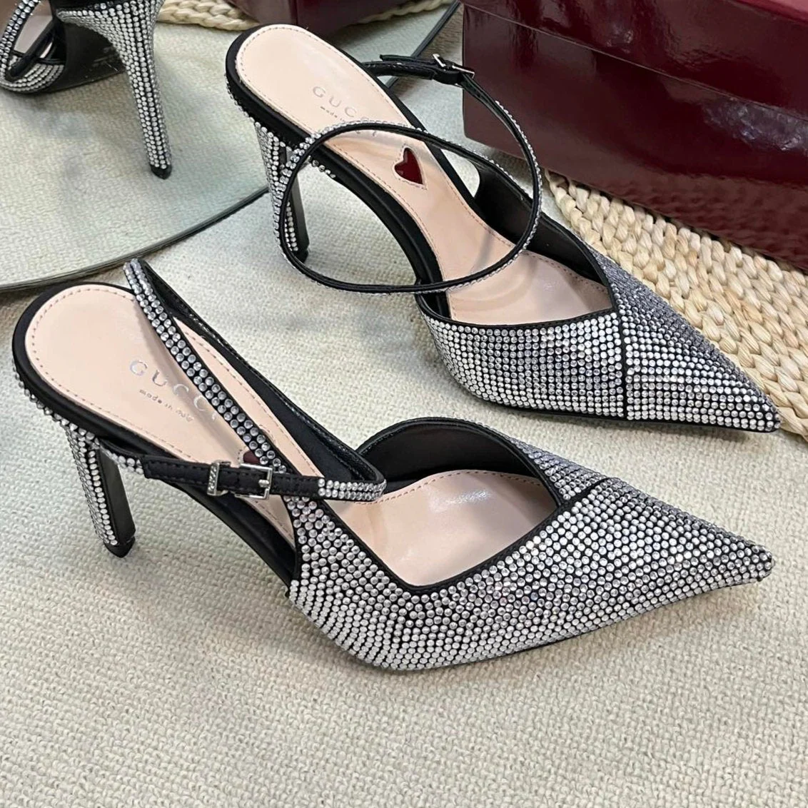 HIGH SLINGBACK 10 CM IN BLACK SILK WITH FULL RHINSTONES