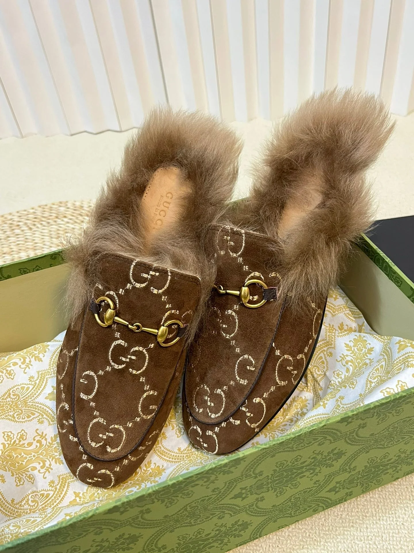HORSEBIT MULE IN COCOA BROWN MONOGRAM VELVET AND LAMB WOOL LINING